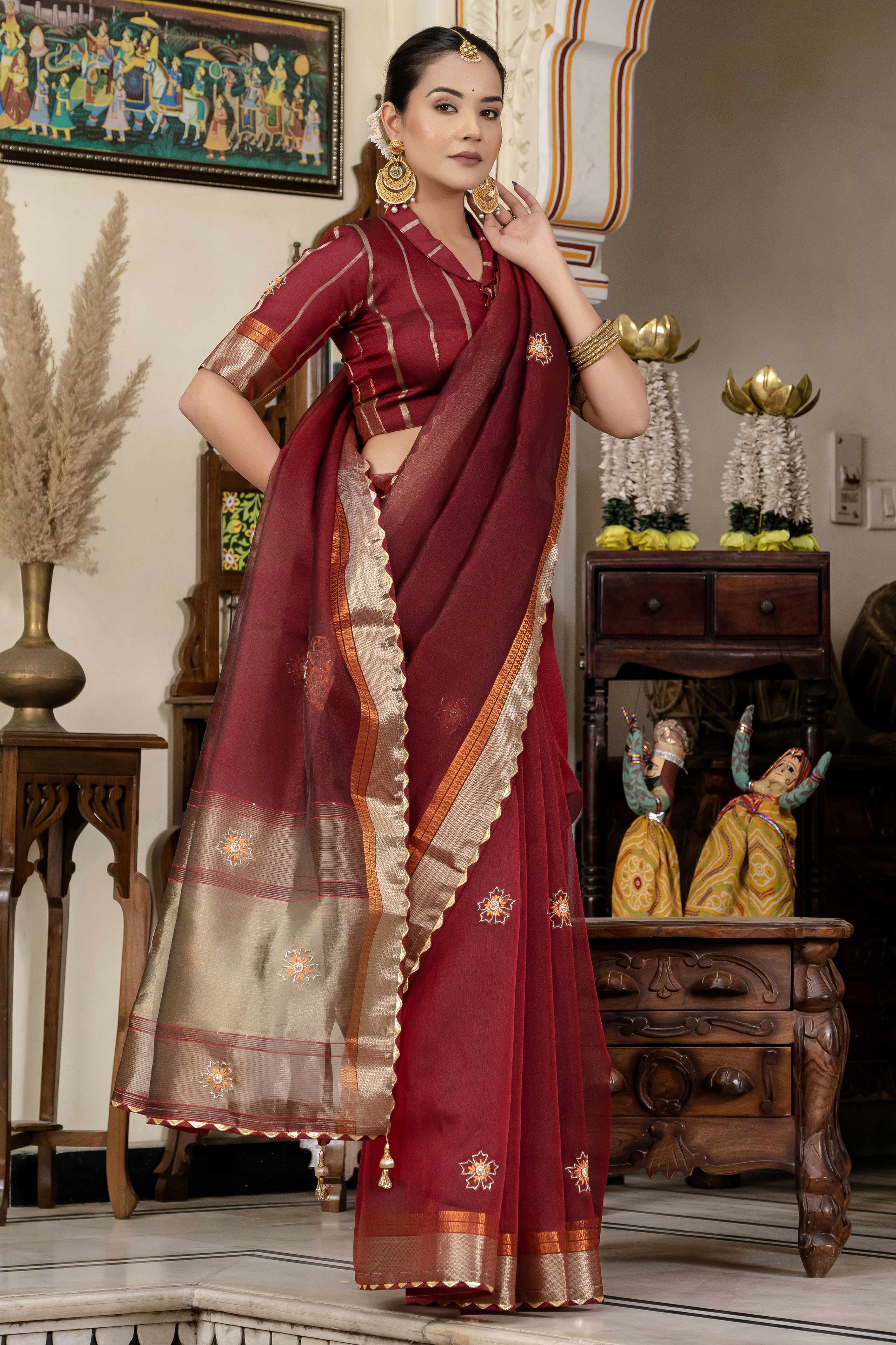 Maroon Floral Beads & Cutdana Handwork Kota Linen Saree With Zari Woven Pallu