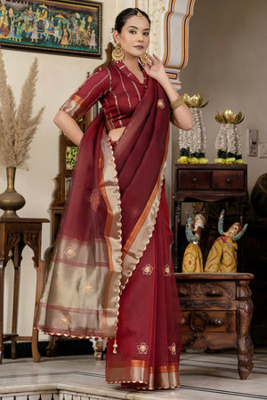Maroon Floral Beads & Cutdana Handwork Kota Linen Saree With Zari Woven Pallu