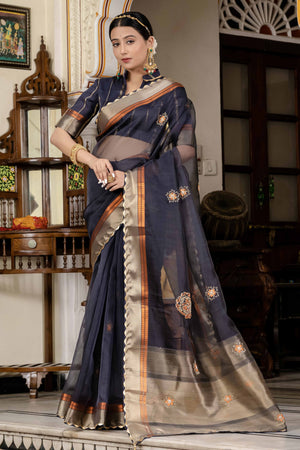 Black Floral Beads & Cutdana Handwork Kota Linen Saree With Zari Woven Pallu