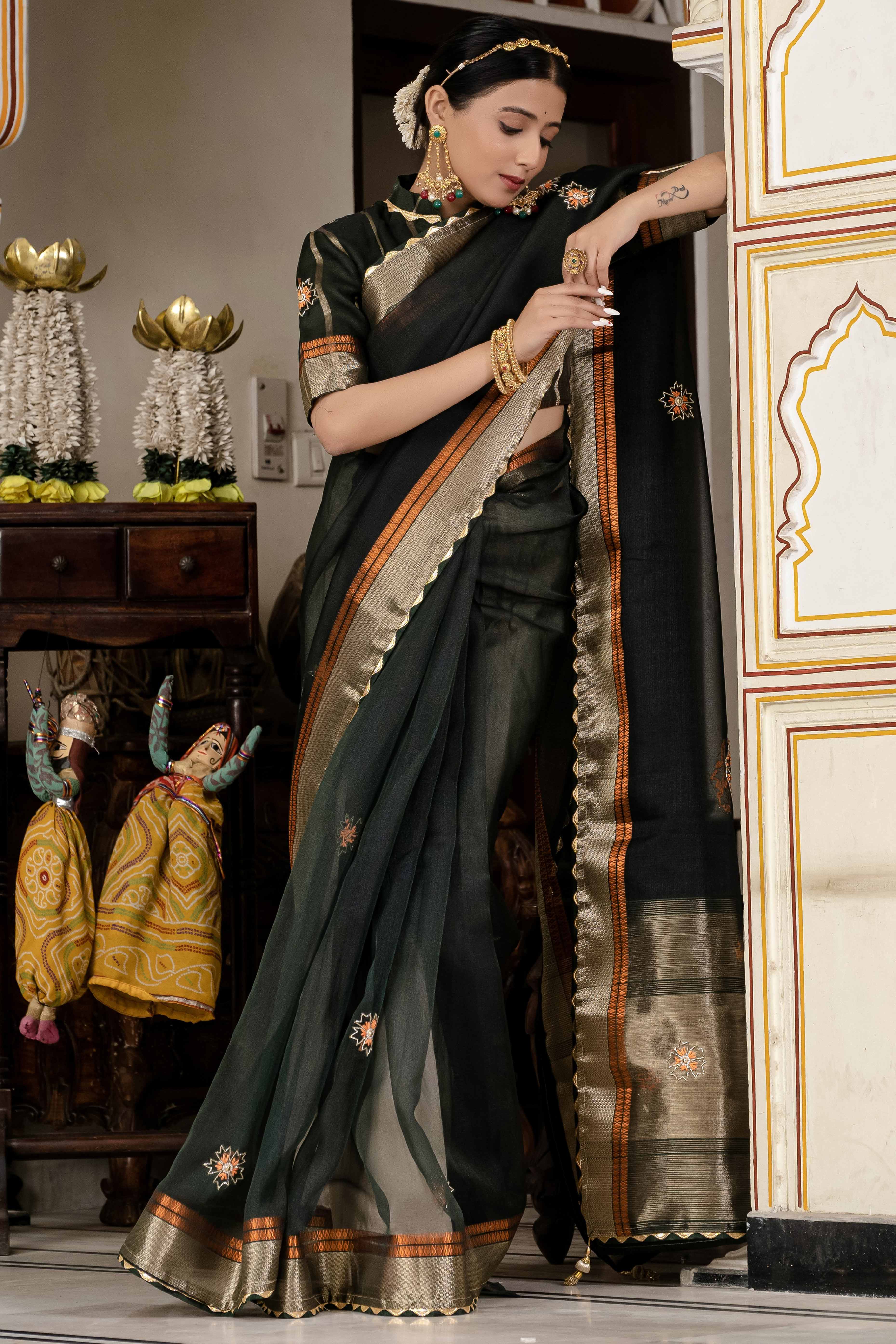 Bottle Green Floral Beads & Cutdana Handwork Kota Linen Saree With Zari Woven Pallu