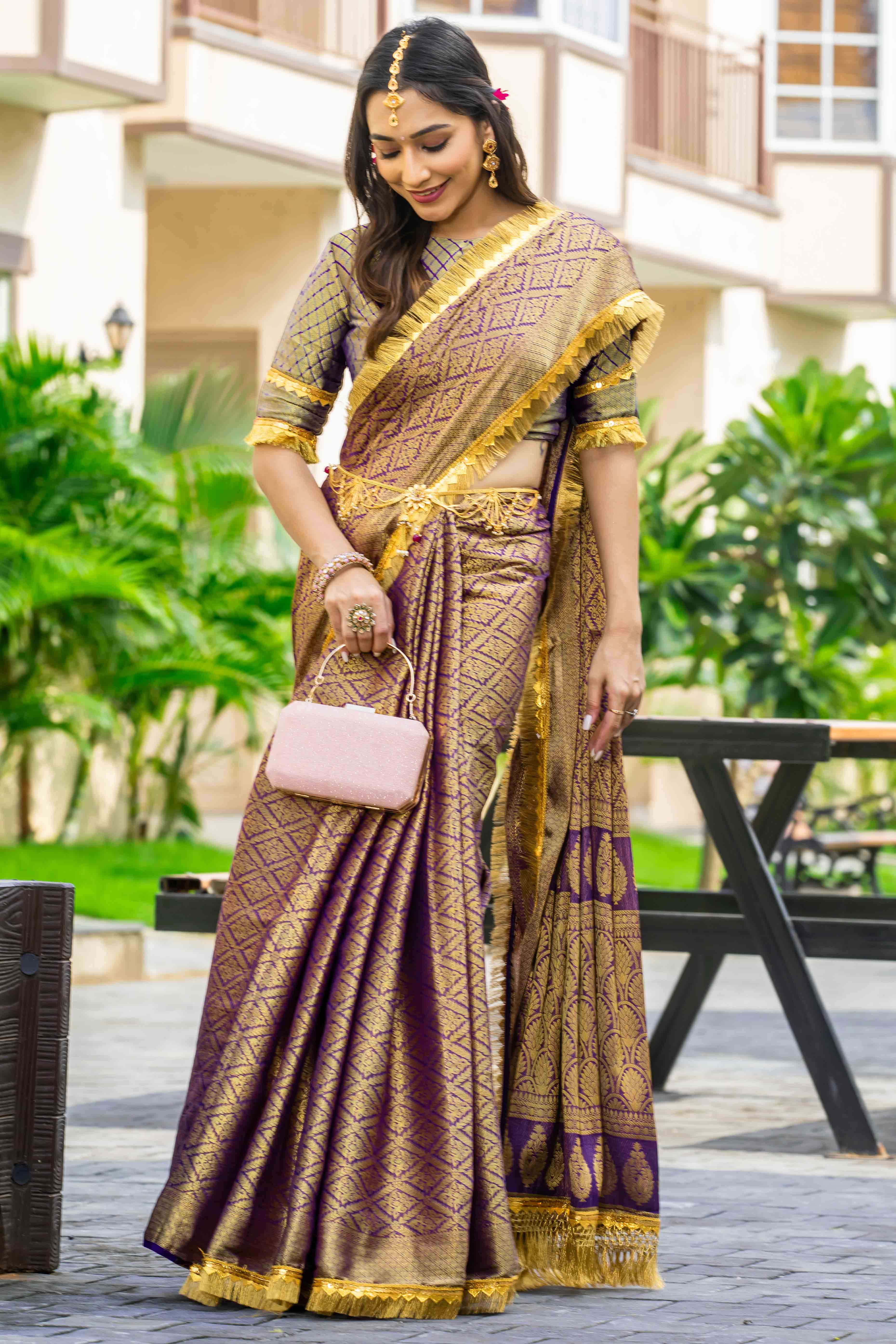 Purple Zari Weaving Mysore Brocade Silk Saree With Zari Border
