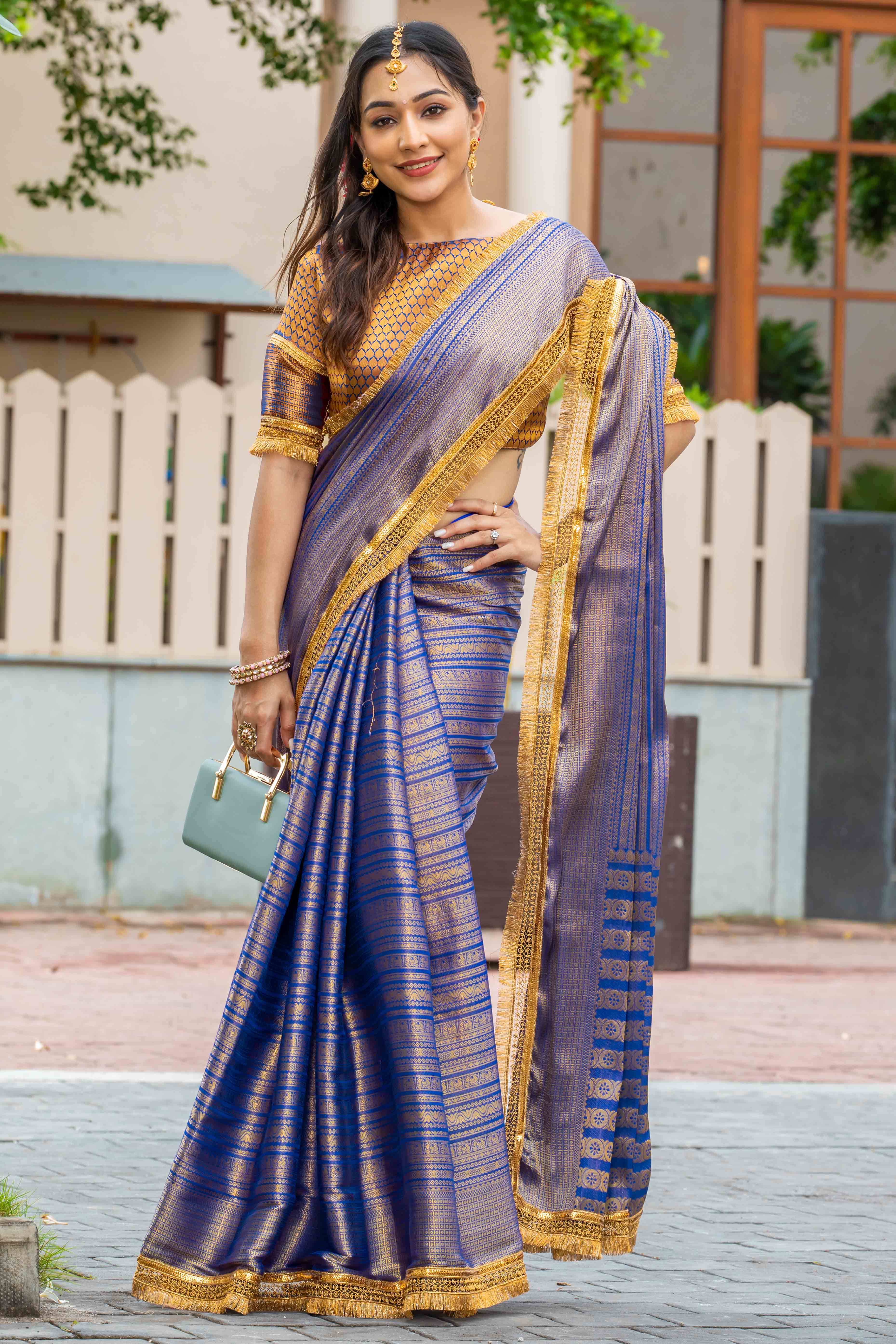 Blue Zari Weaving Mysore Brocade Silk Saree With Zari Border
