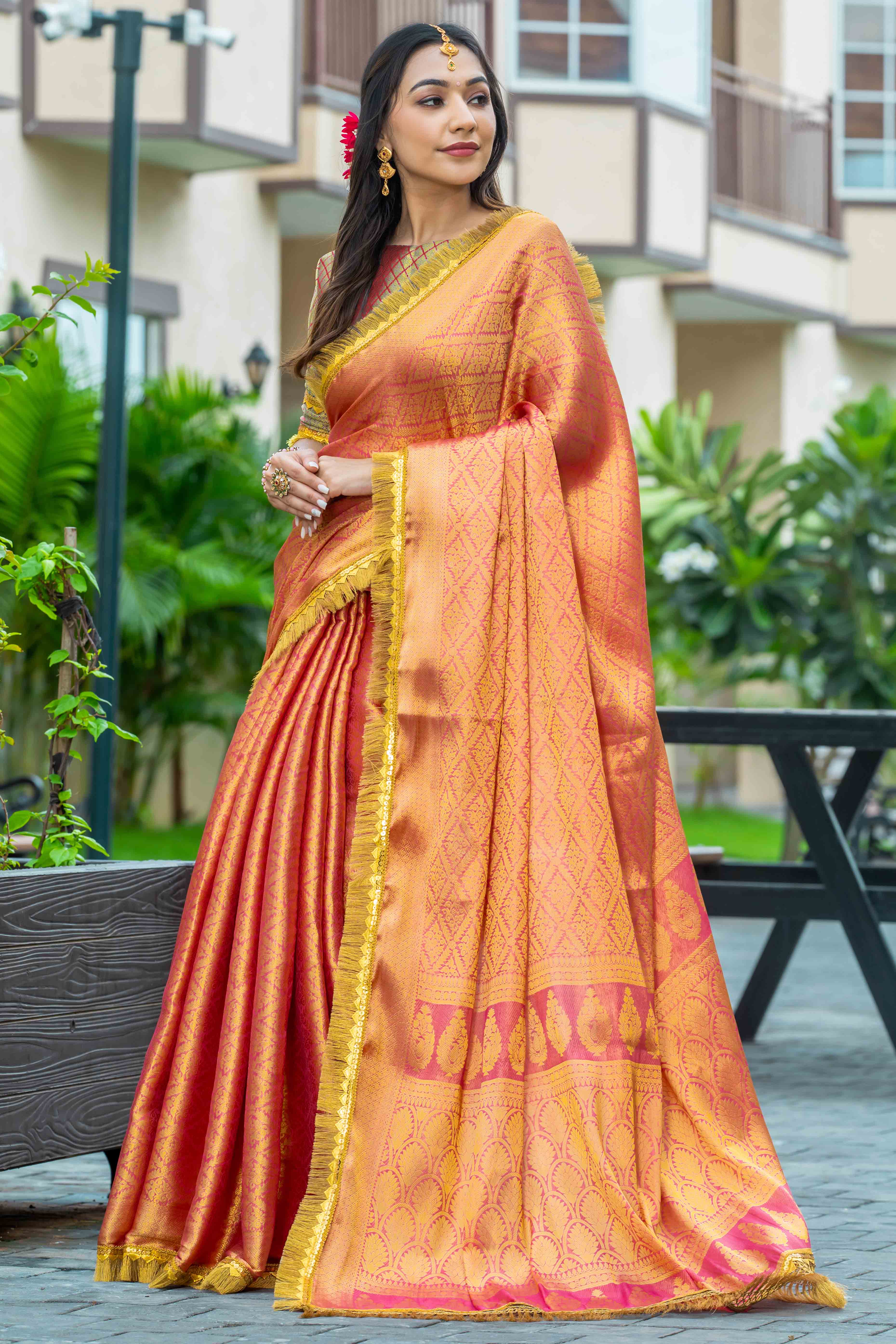 Orange Zari Weaving Mysore Brocade Silk Saree With Zari Border