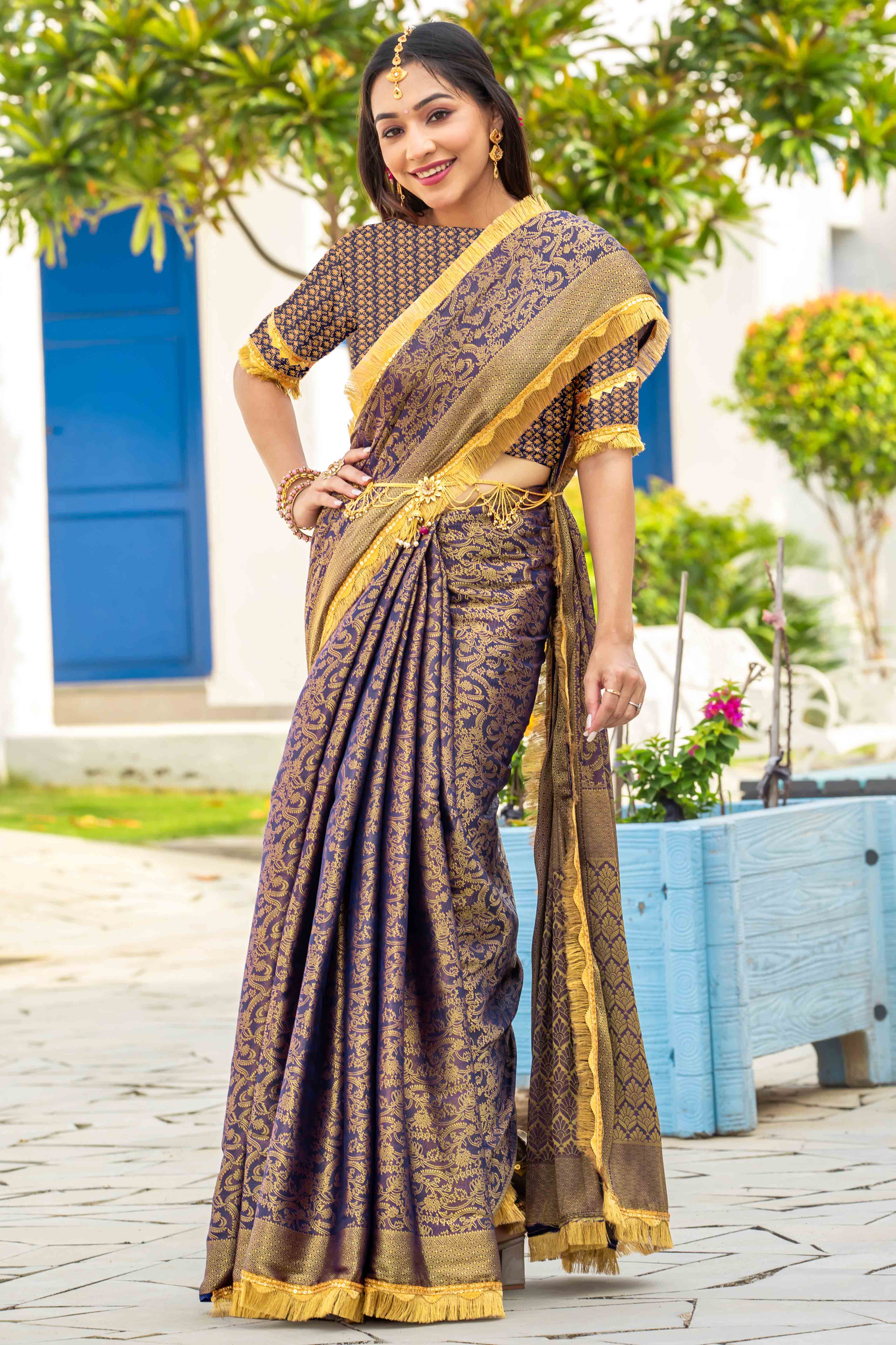 Blue Zari Weaving Mysore Brocade Silk Saree With Zari Border