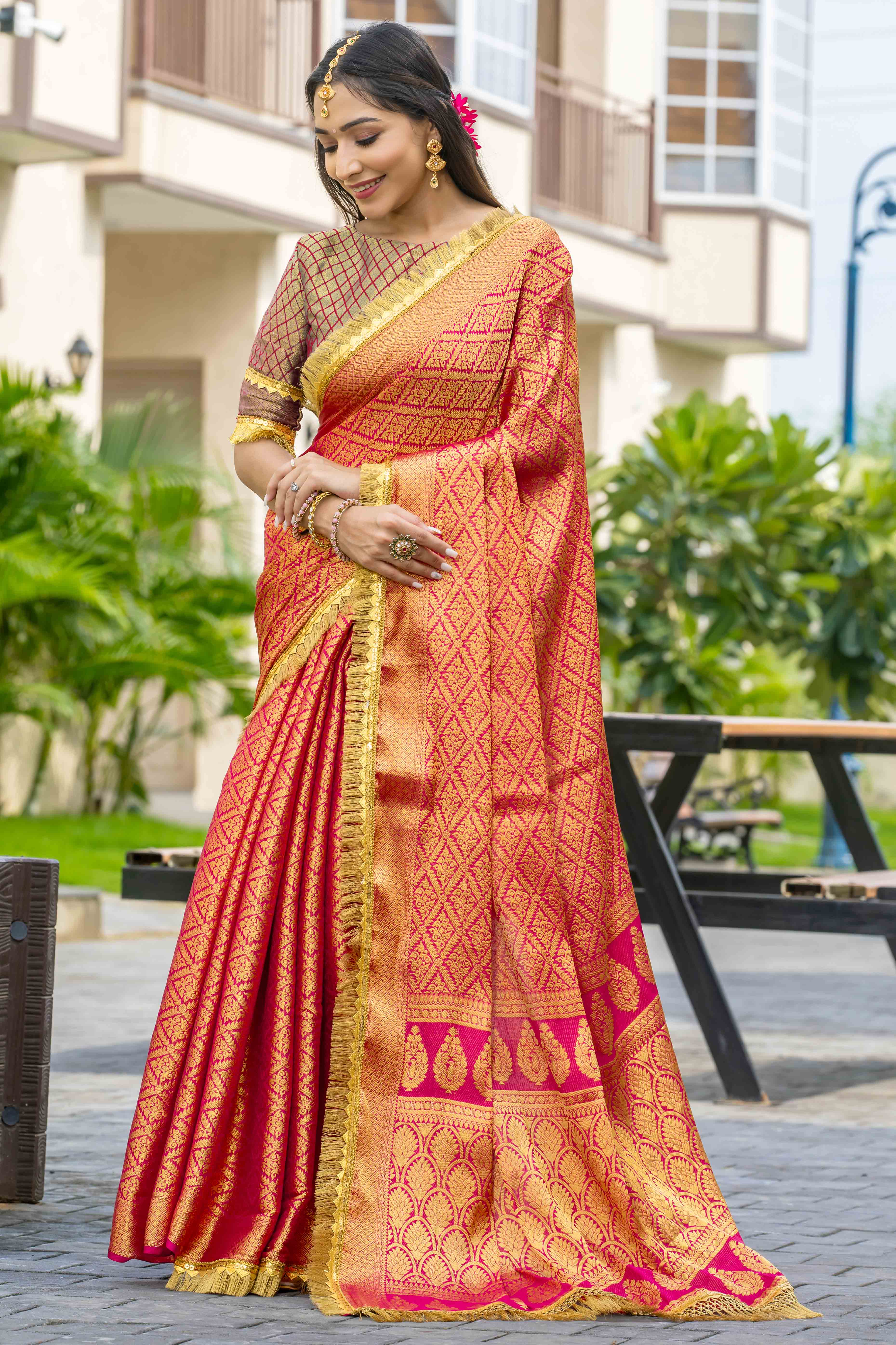 Pink Zari Weaving Mysore Brocade Silk Saree With Zari Border