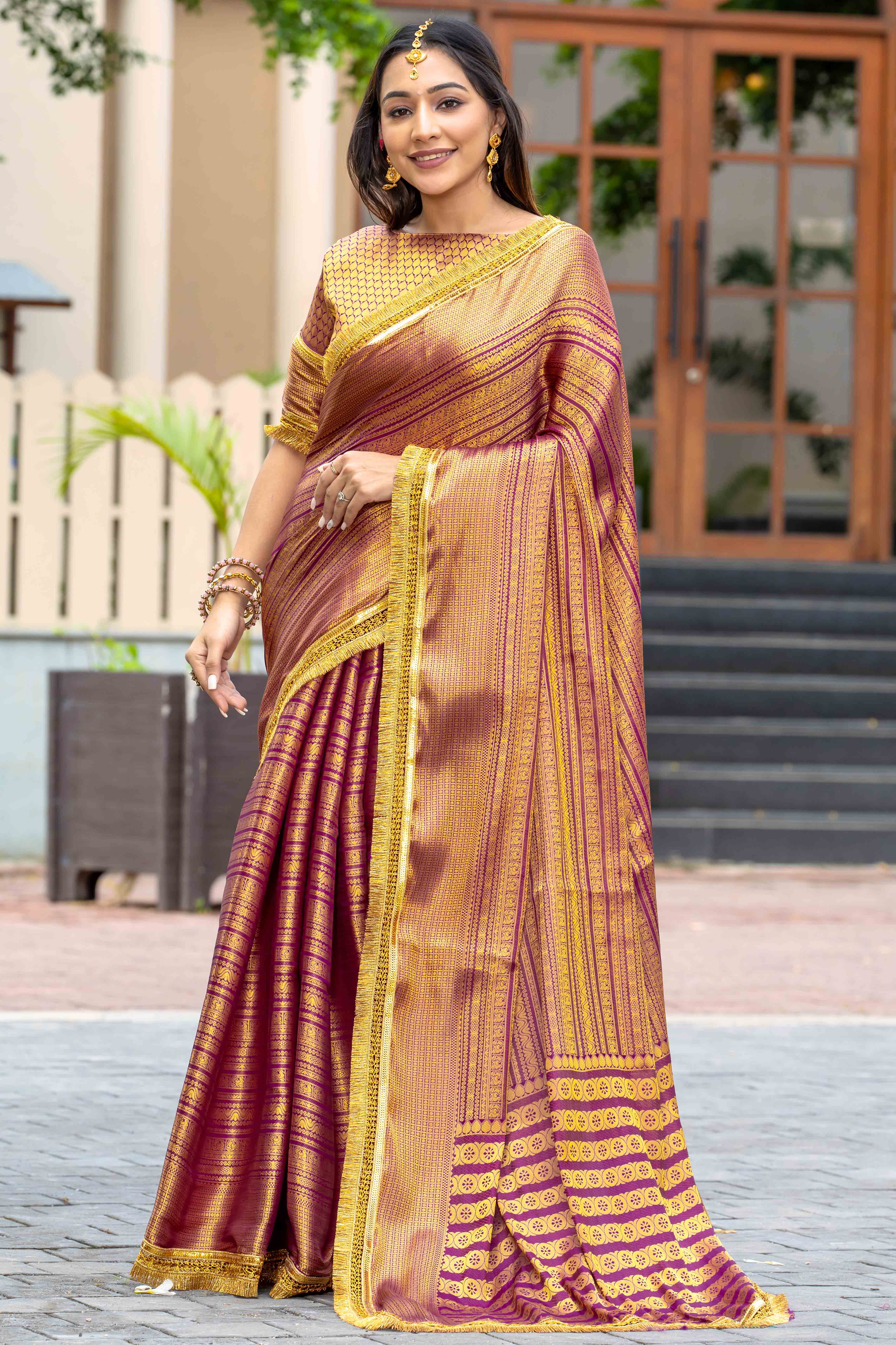 Wine Zari Weaving Mysore Brocade Silk Saree With Zari Border