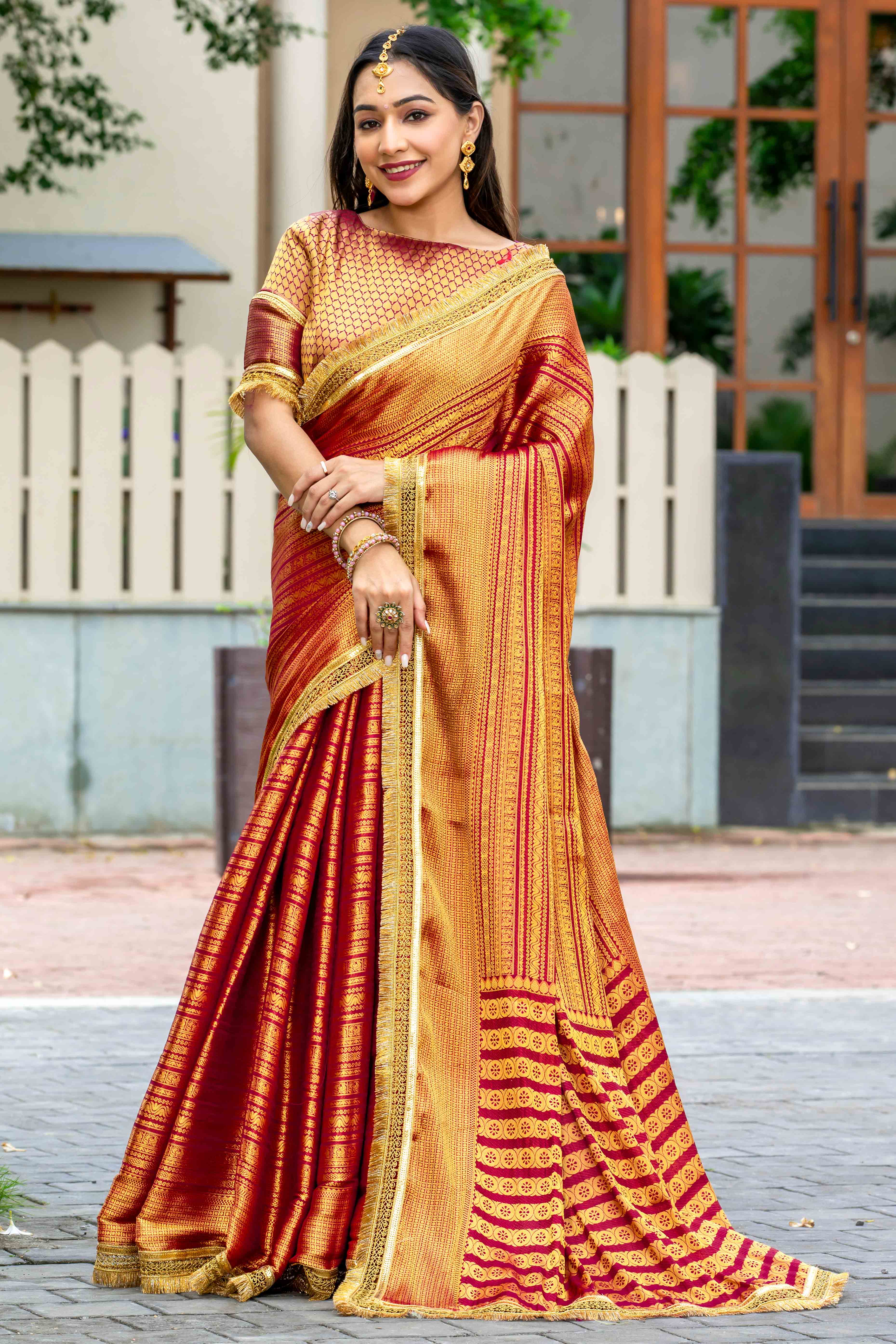 Red Zari Weaving Mysore Brocade Silk Saree With Zari Border