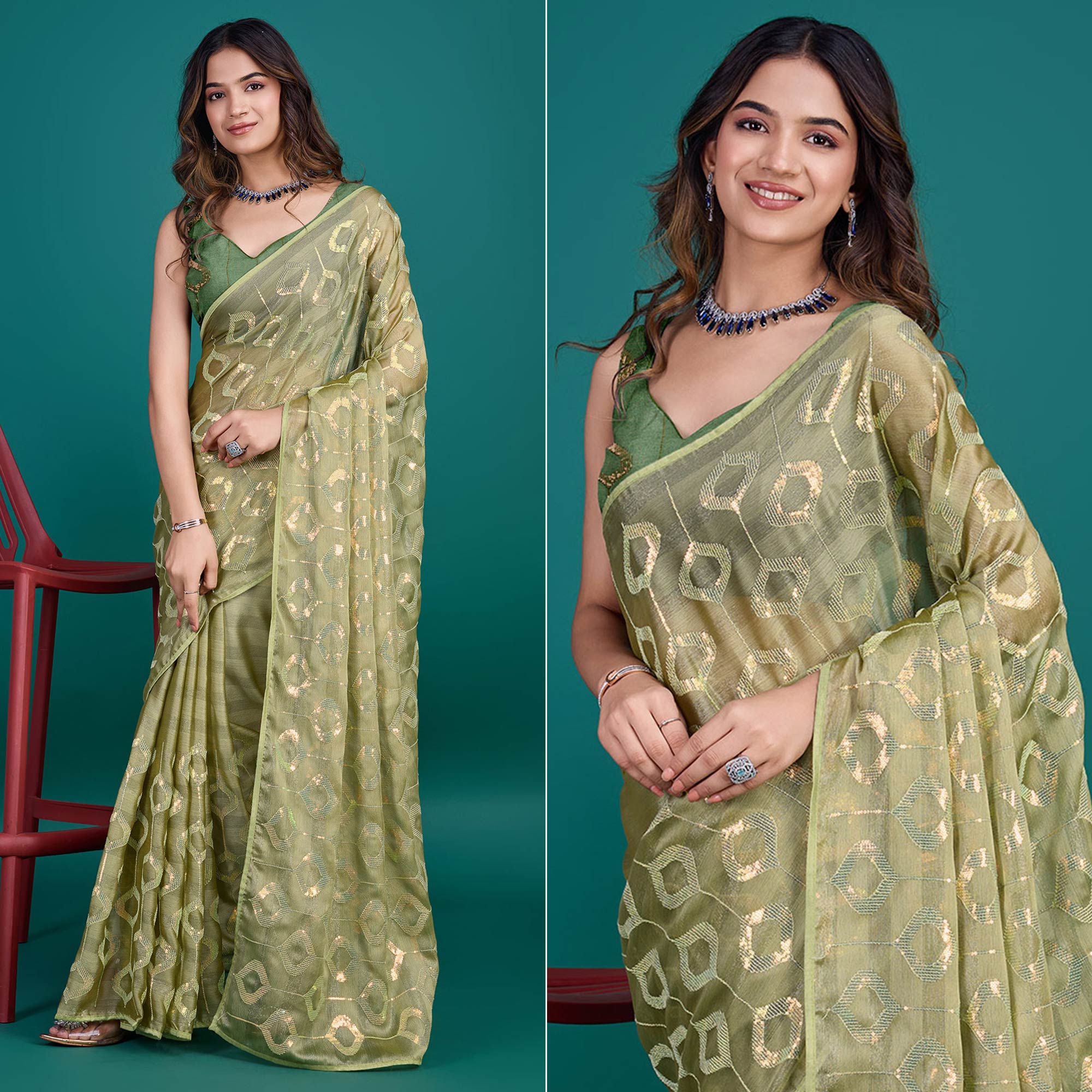 Green Sequins Embroidered Georgette Saree