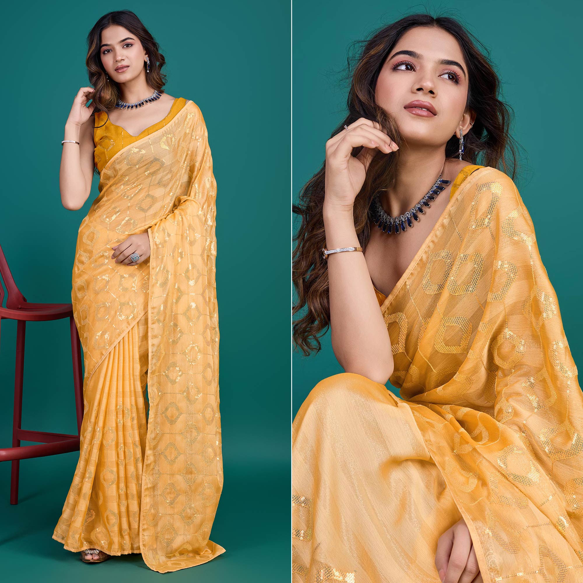 Yellow Sequin Embroidered Georgette Saree