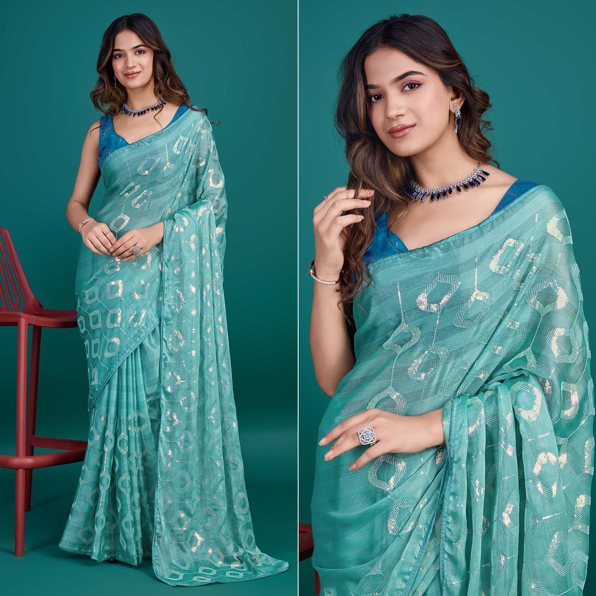 Turquoise Sequin Embroidered Georgette Saree