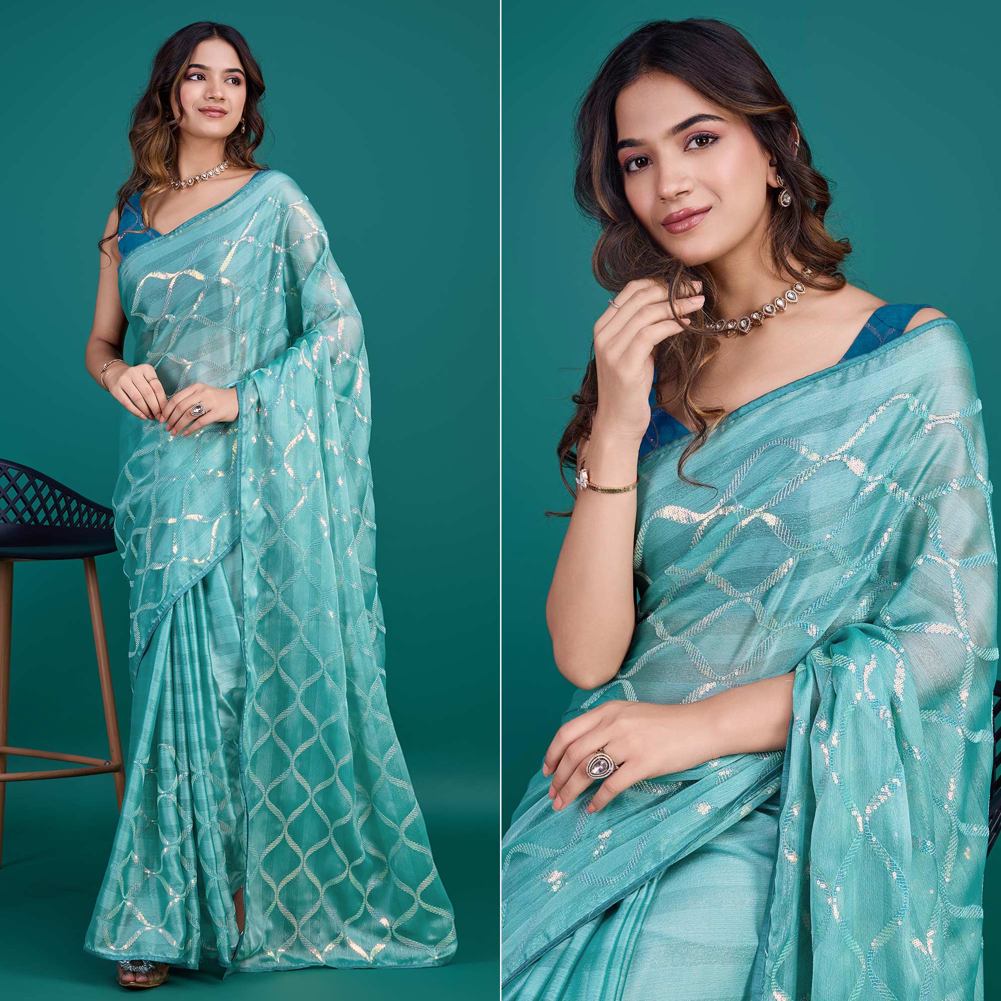 Turquoise Sequins Embroidered Georgette Saree
