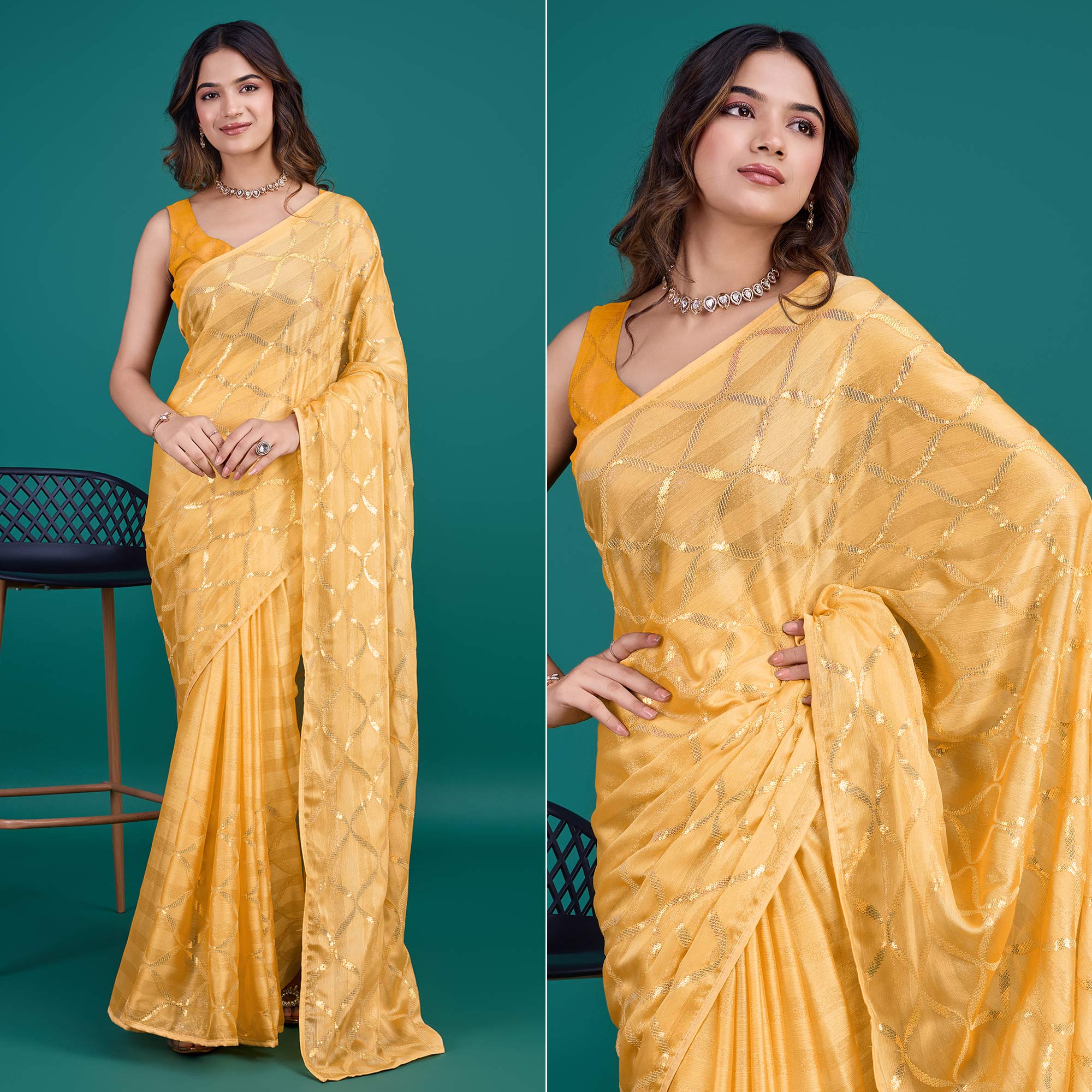 Yellow Sequins Embroidered Georgette Saree