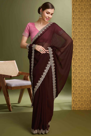 Brown Solid With Zari Embroidered Georgette Saree