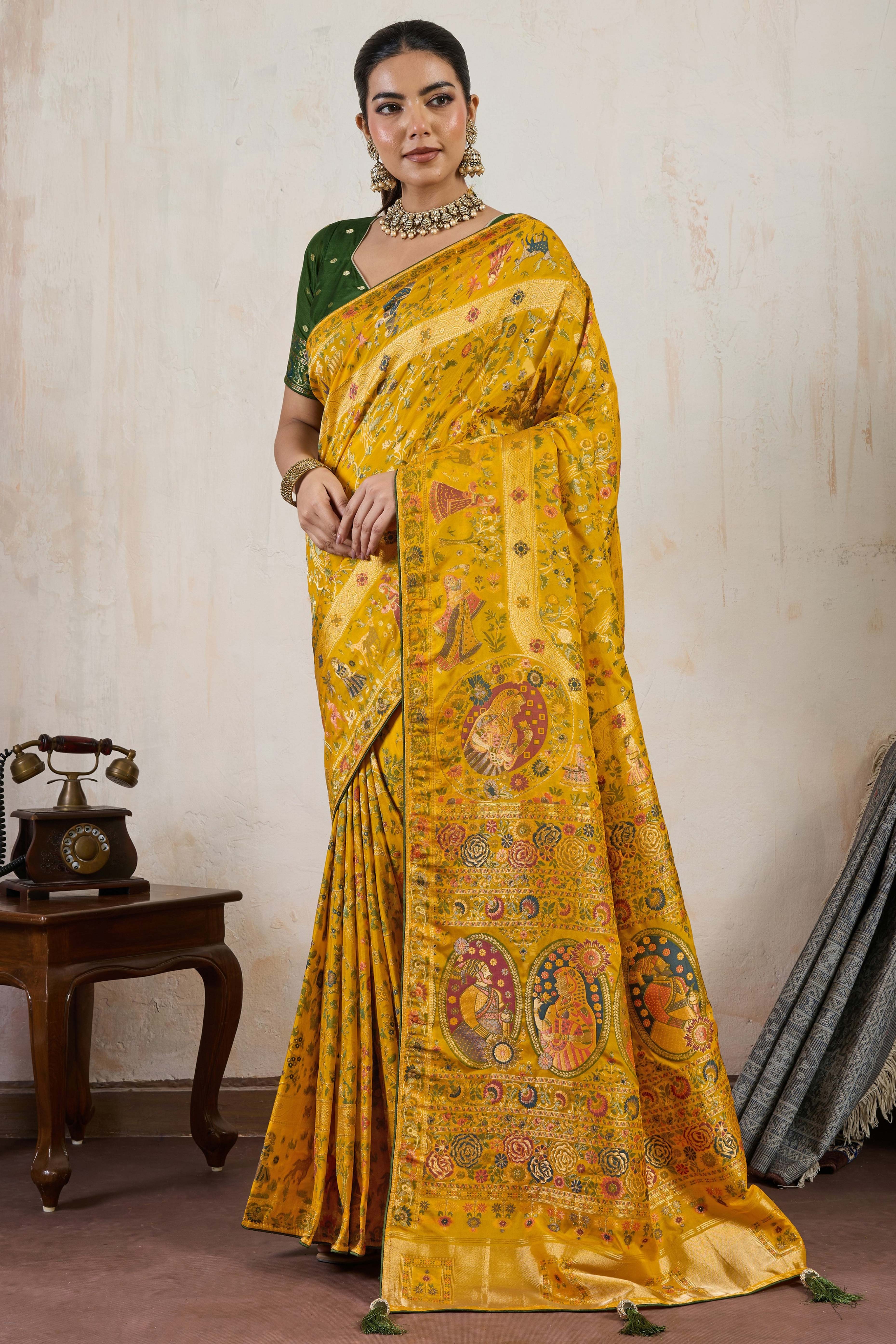 Mustard Traditional Pure Silk Saree Highlighted with Luxurious Meenakari Zari Weaving Accents