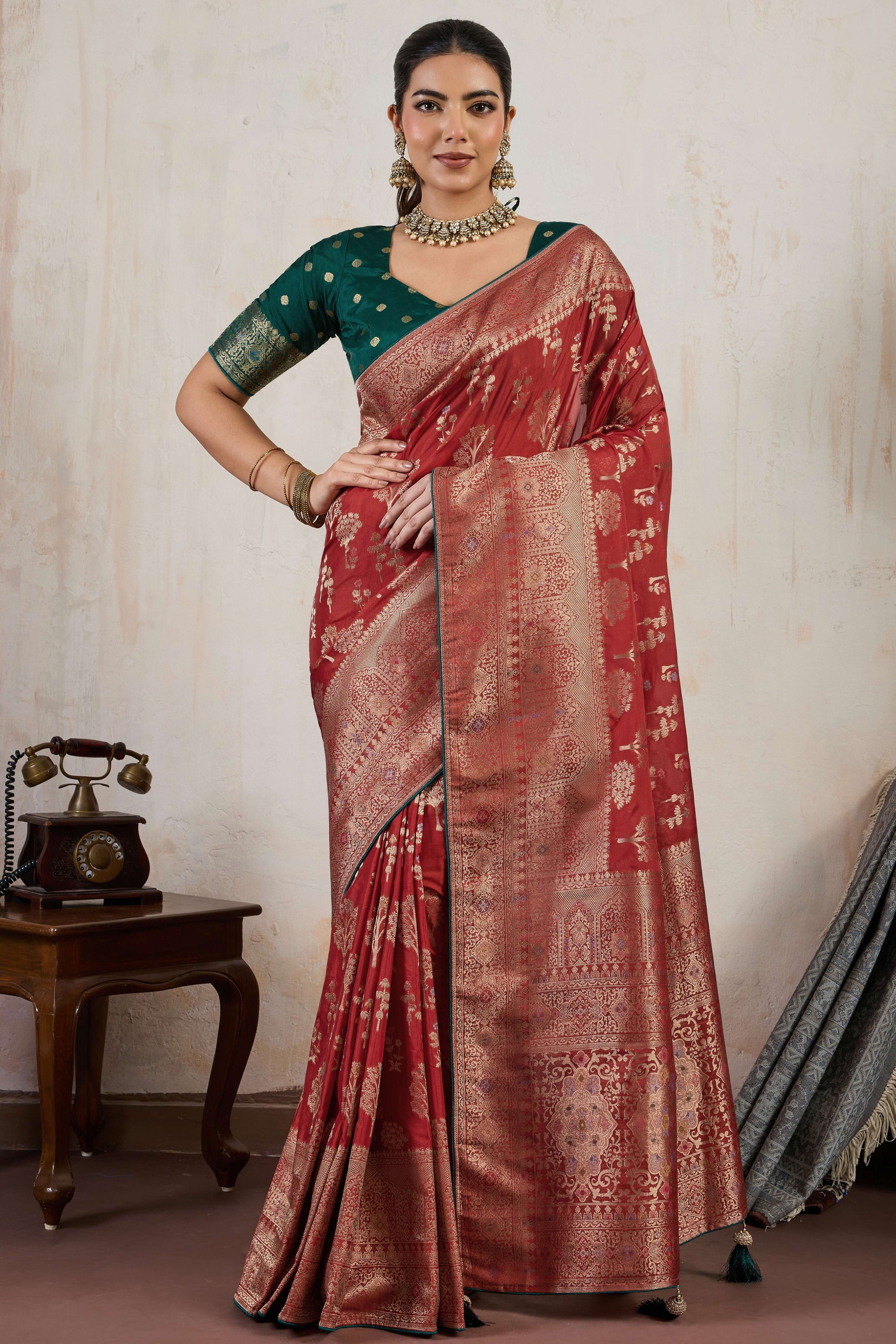 Maroon Traditional Pure Silk Saree Highlighted with Luxurious Meenakari Zari Weaving Accents