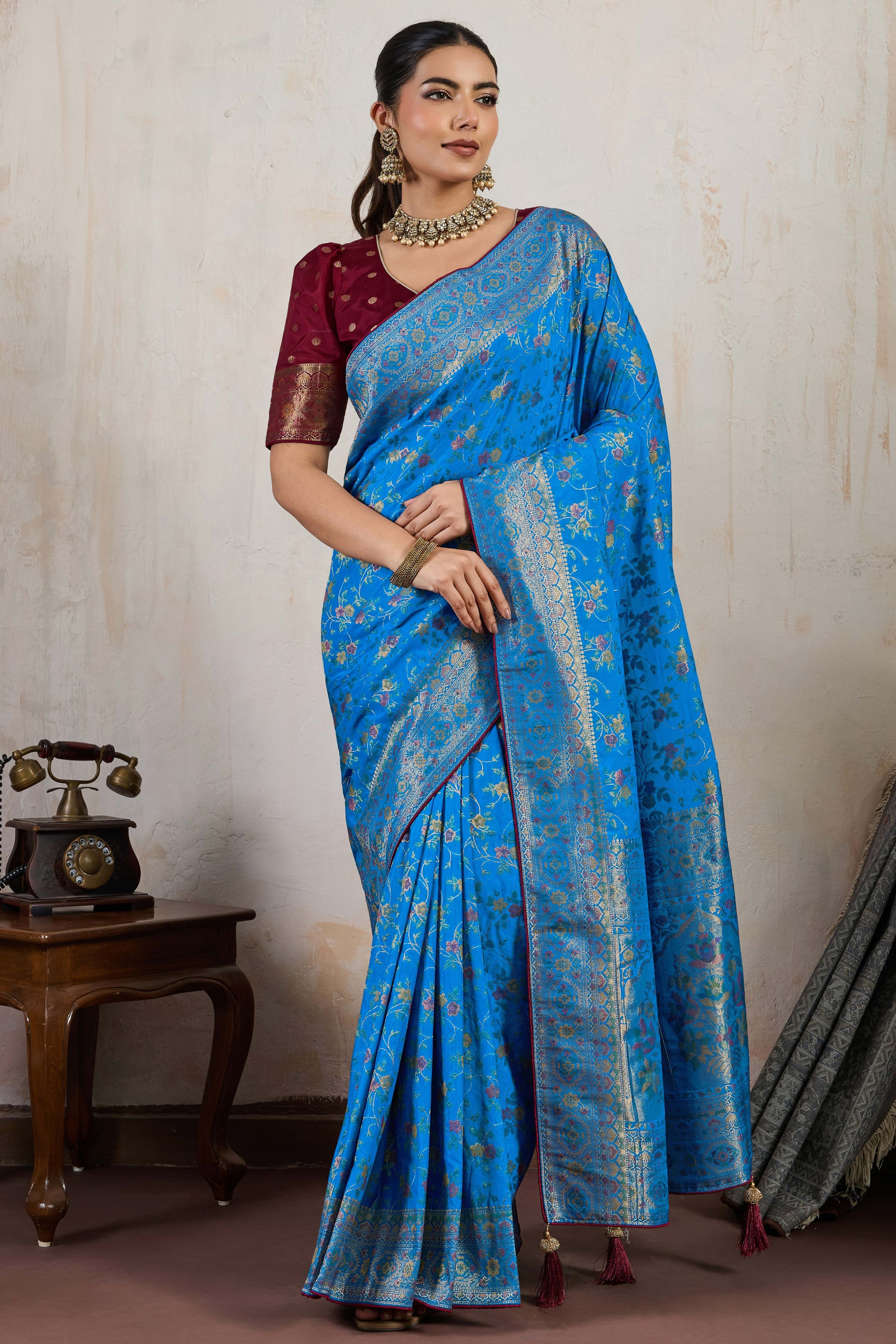 Blue Traditional Pure Silk Saree Highlighted with Luxurious Meenakari Zari Weaving Accents