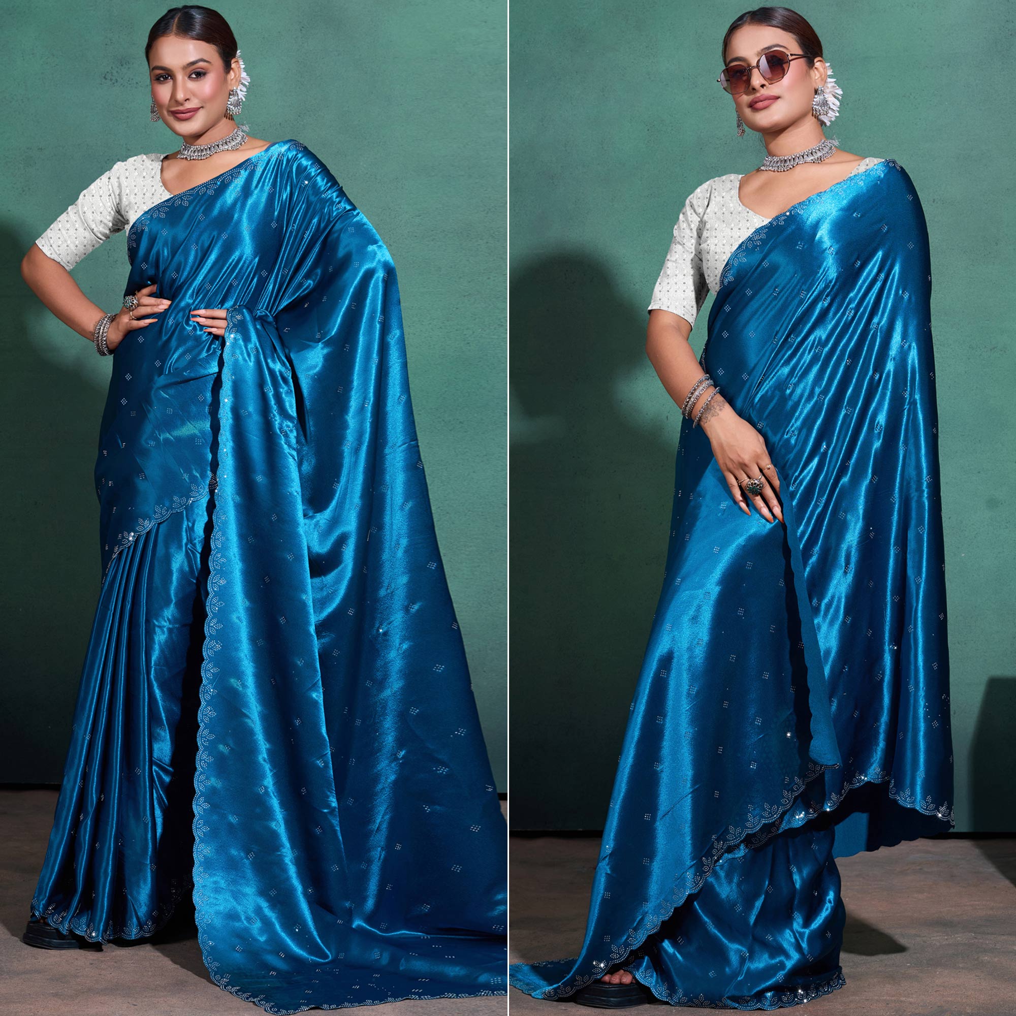 Blue Swarovski Work Embroidered Satin Saree