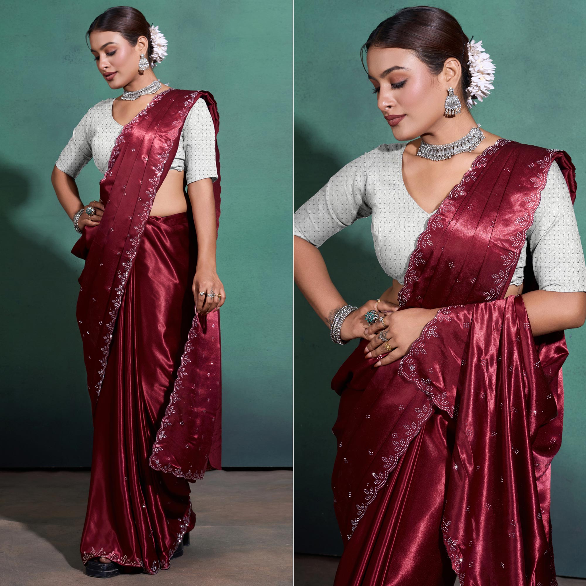 Maroon Swarovski Work Embroidered Satin Saree