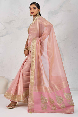Pink Tissue Linen Saree Adorned With Intricate Zardosi & Pearl Cutdana Hand Embroidery