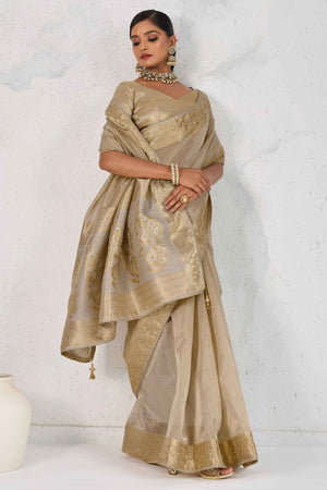 Grey Tissue Linen Saree Adorned With Intricate Zardosi & Pearl Cutdana Hand Embroidery