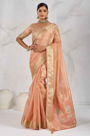 Peach Tissue Linen Saree Adorned With Intricate Zardosi & Pearl Cutdana Hand Embroidery