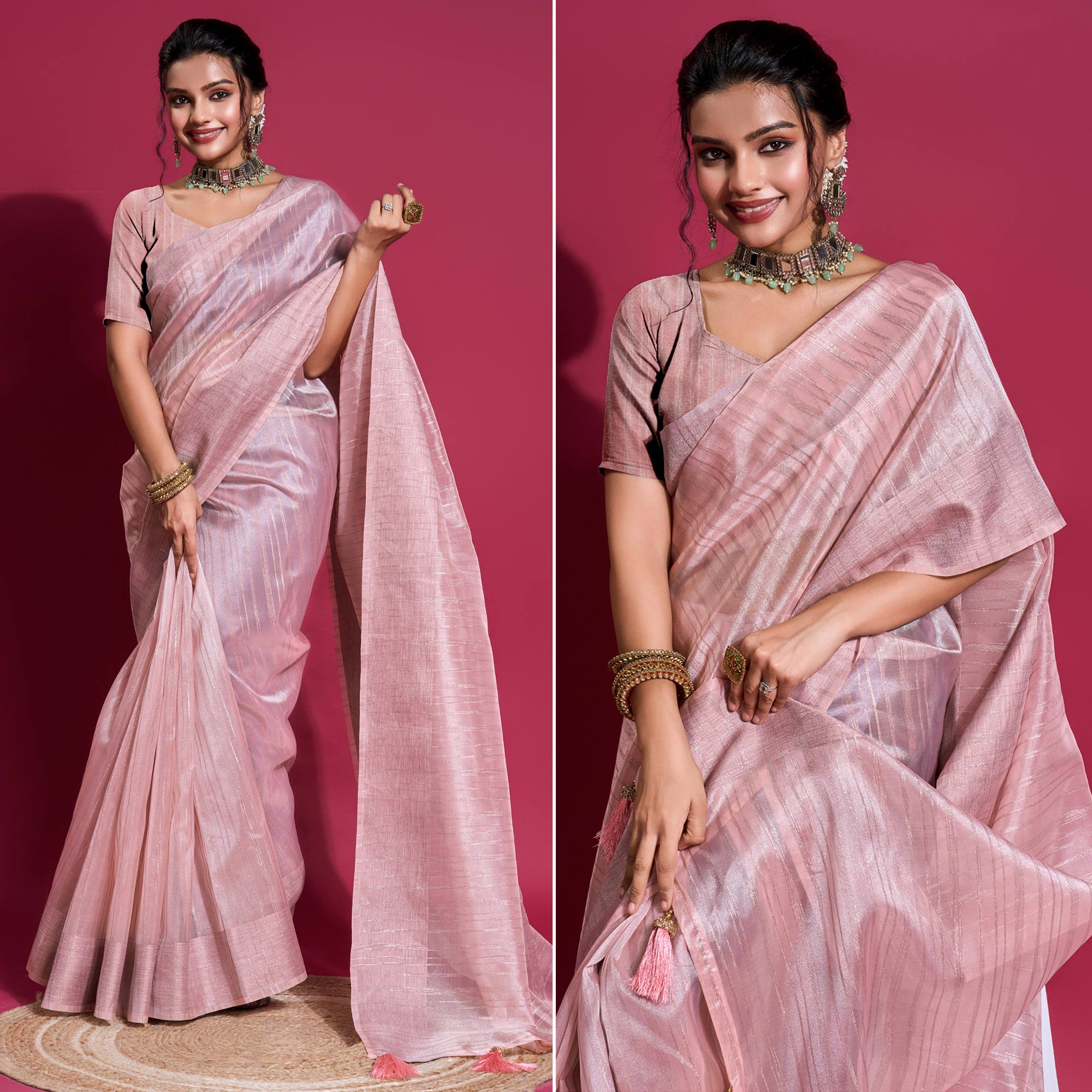 Pink Woven Organza Zari Saree With Tassels