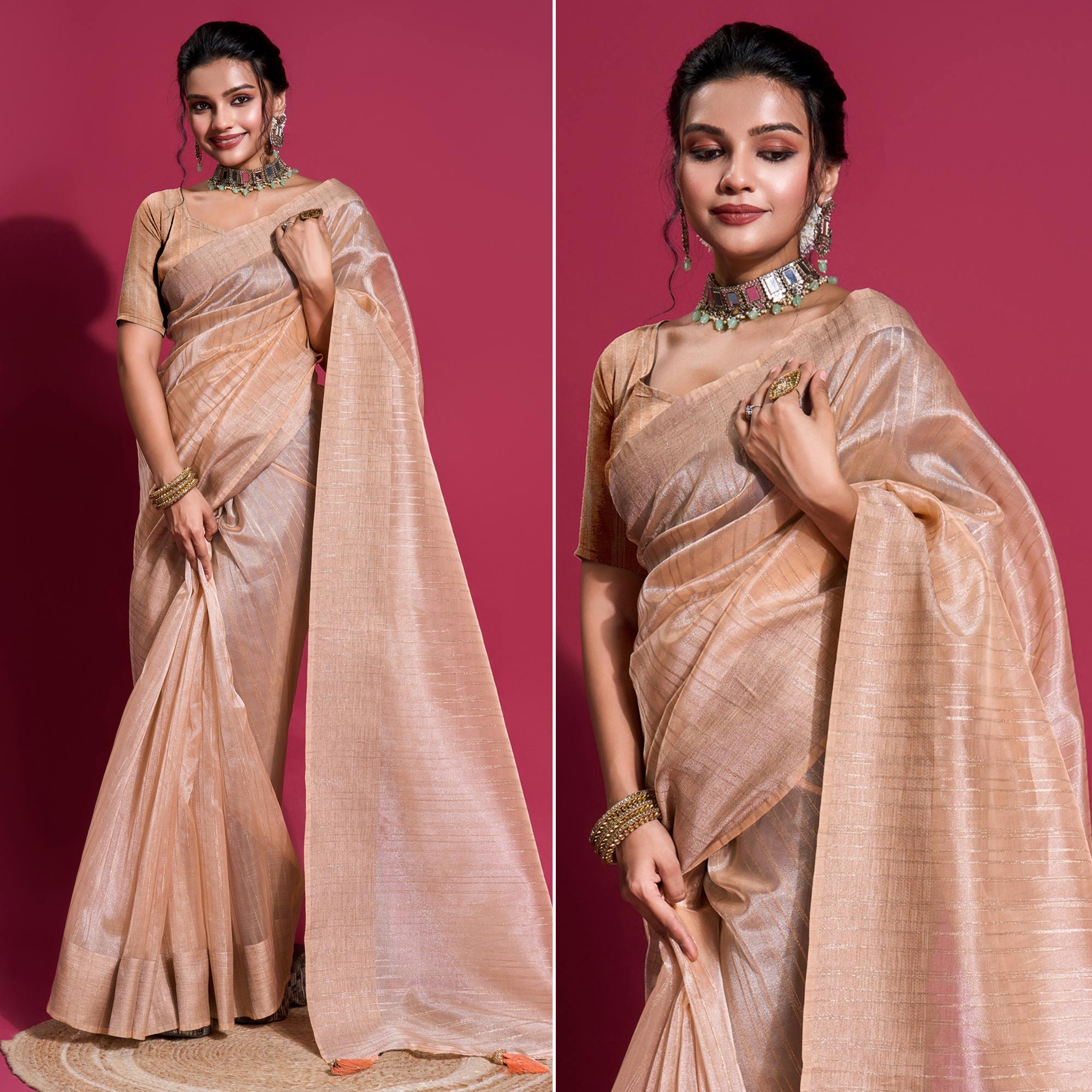 Beige Woven Organza Zari Saree With Tassels