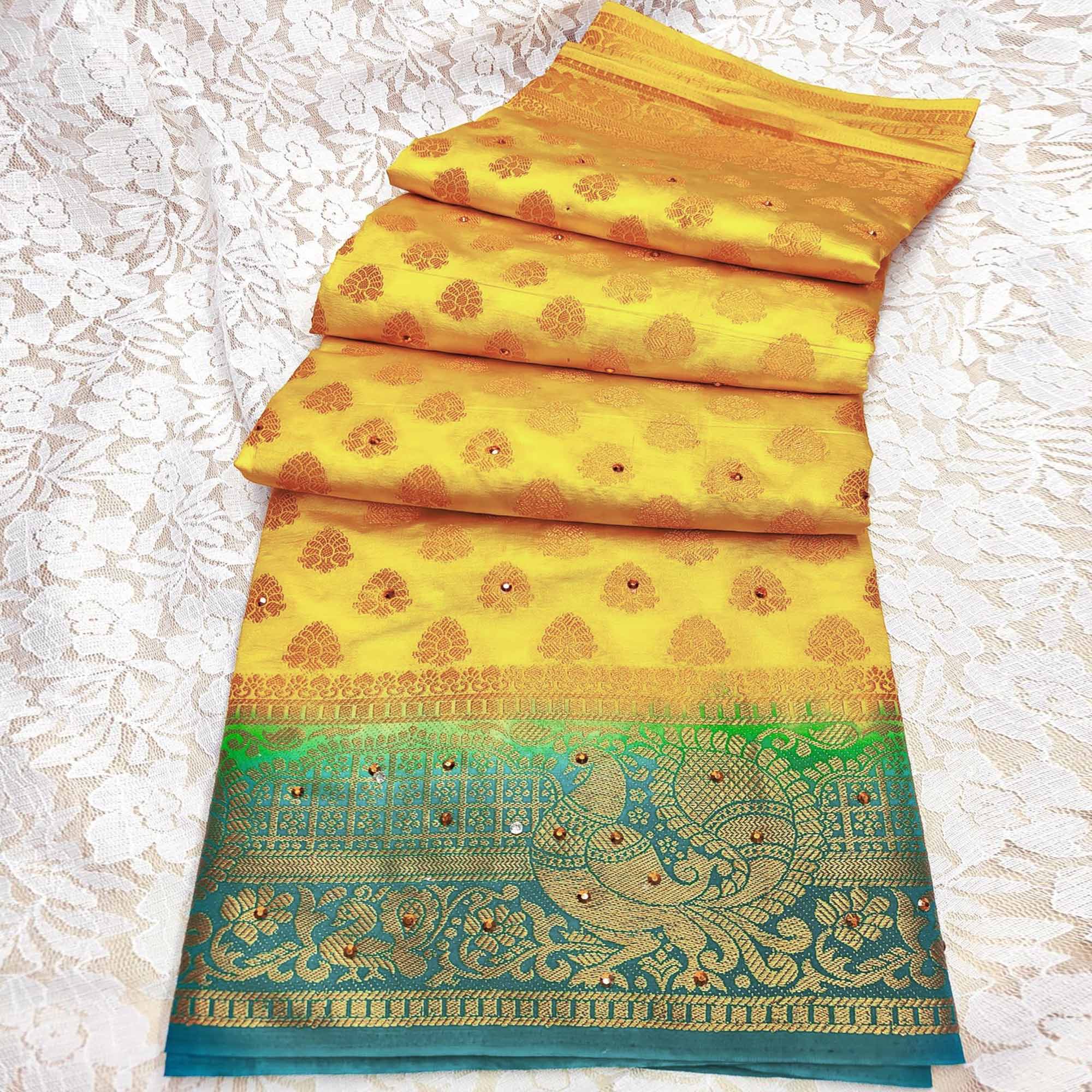 Yellow Woven With Stone Work Banarasi Silk Saree