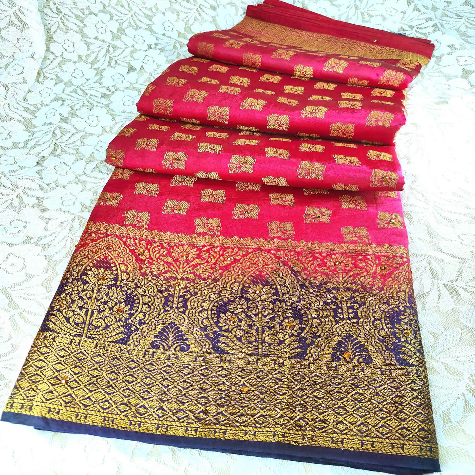 Pink Woven With Stone Work Banarasi Silk Saree