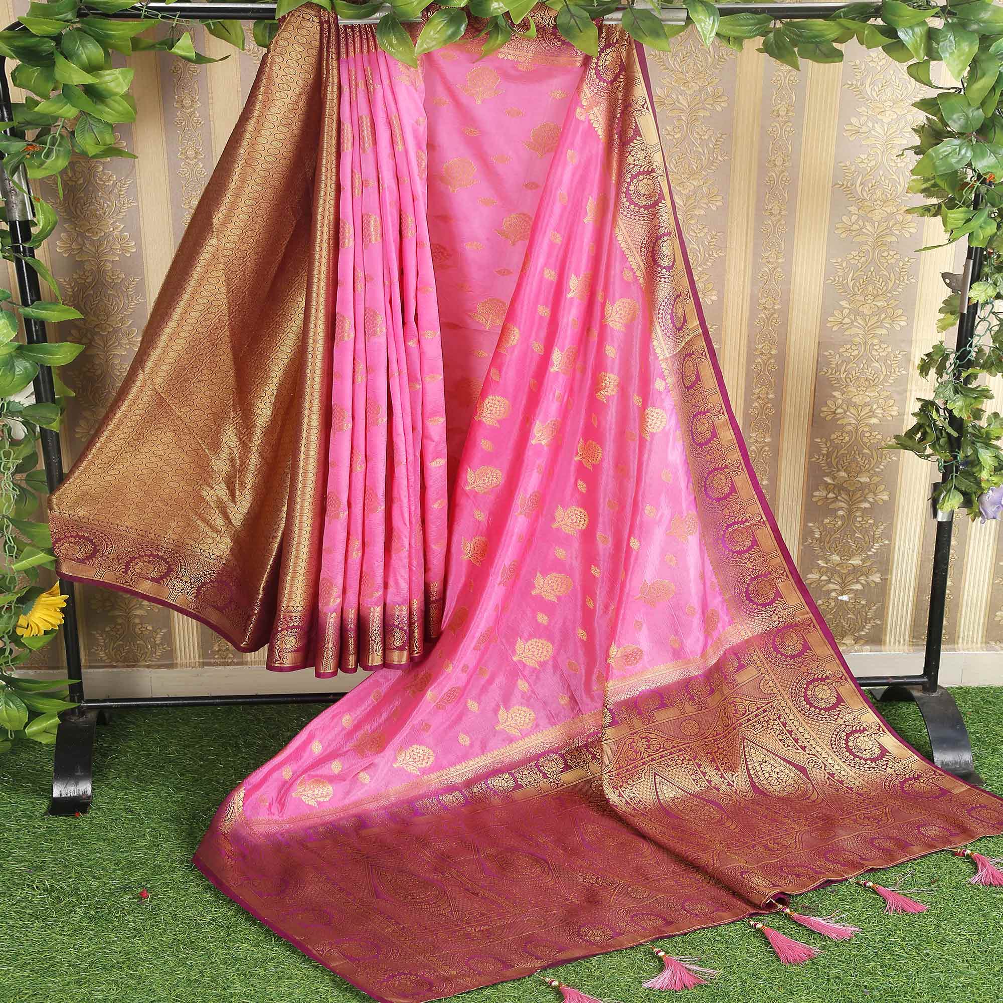 Pink Floral Woven Banarasi Silk Saree