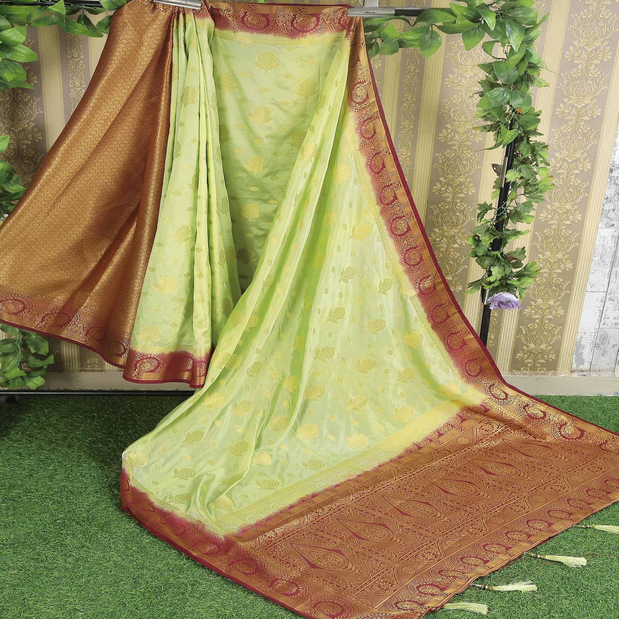 Pista Green Floral Woven Banarasi Silk Saree