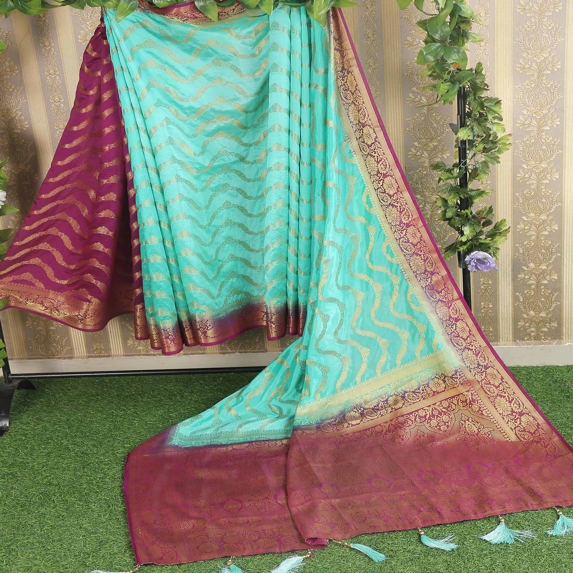 Turquoise Floral Woven Banarasi Silk Saree