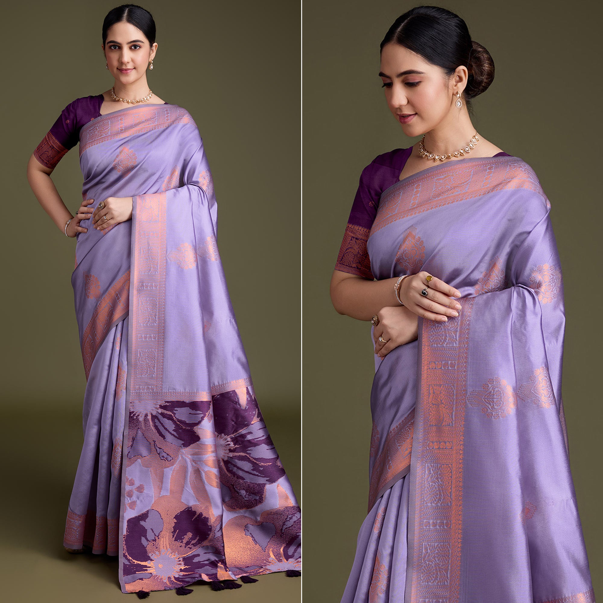 Lavender Floral Woven Banarasi Silk Saree