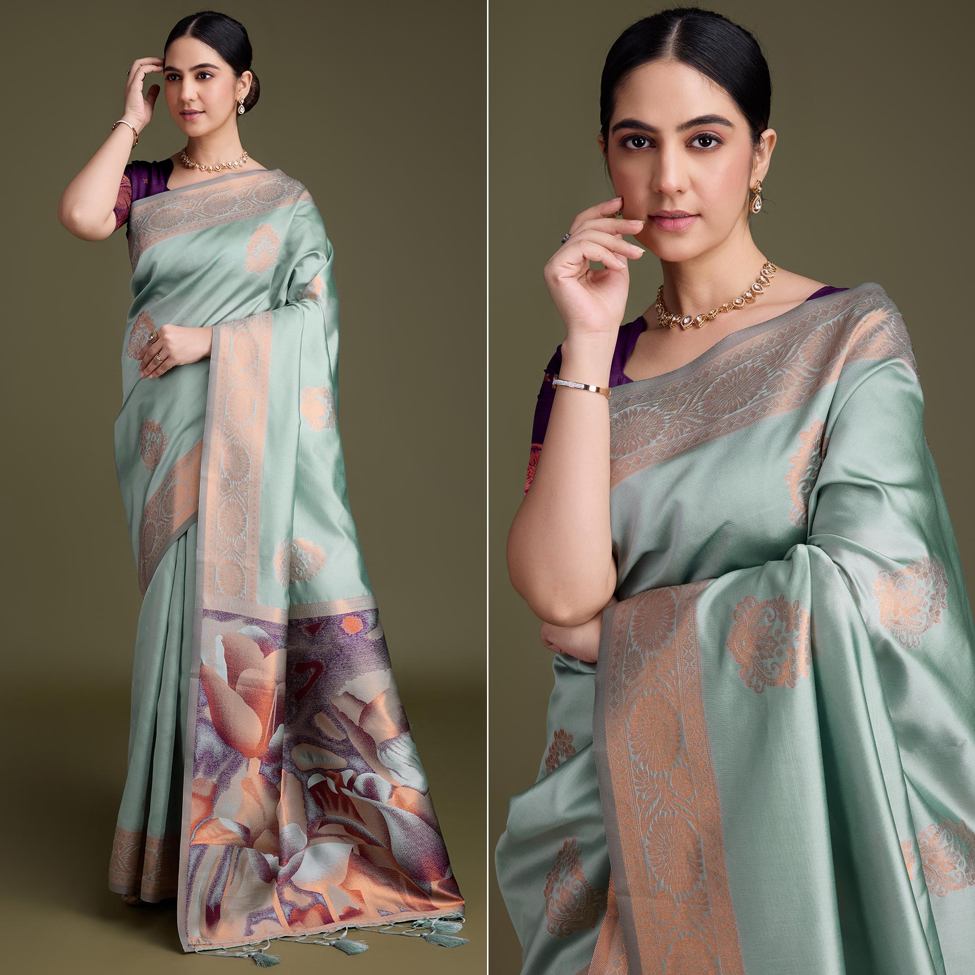 Sea Green Floral Woven Banarasi Silk Saree