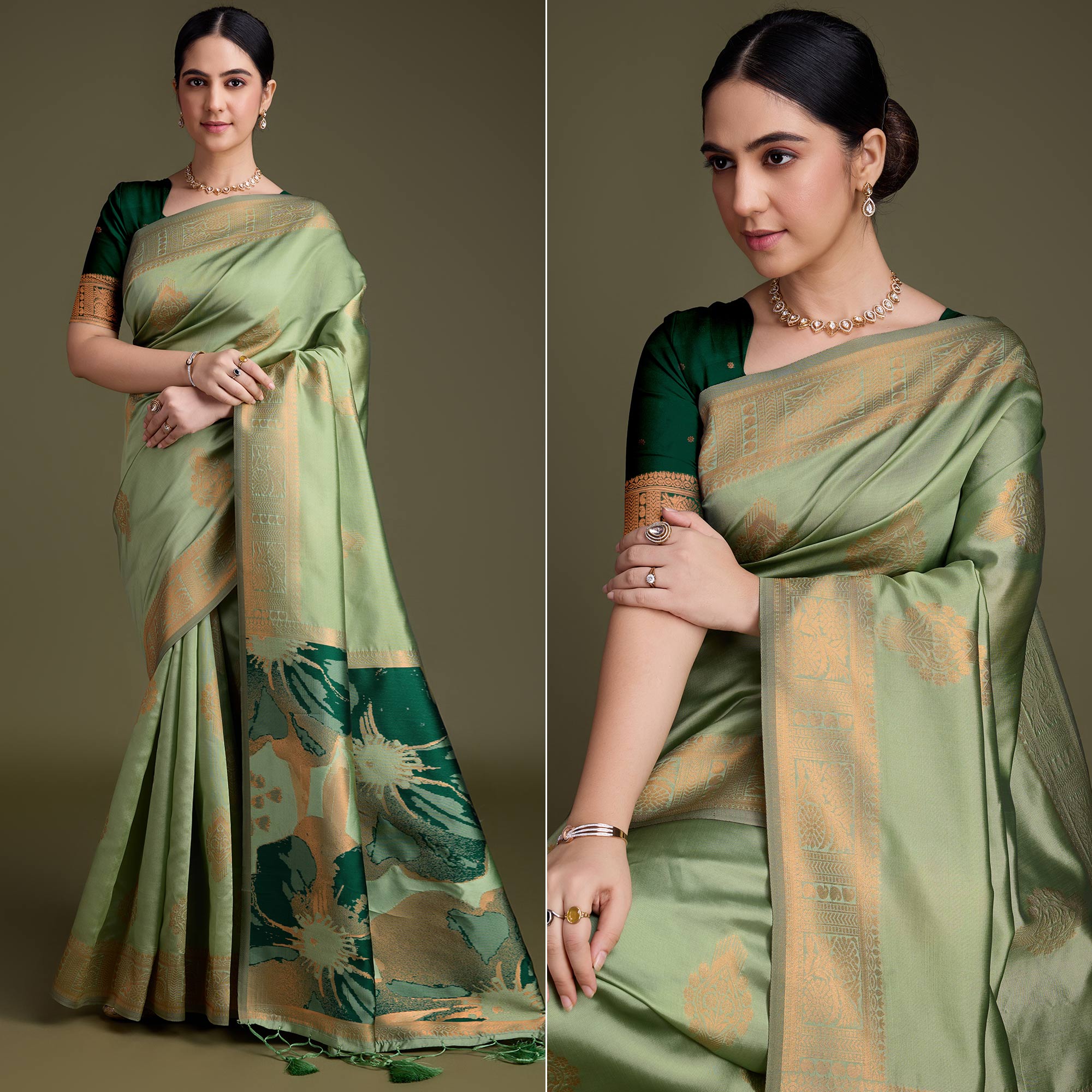 Green Floral Woven Banarasi Silk Saree