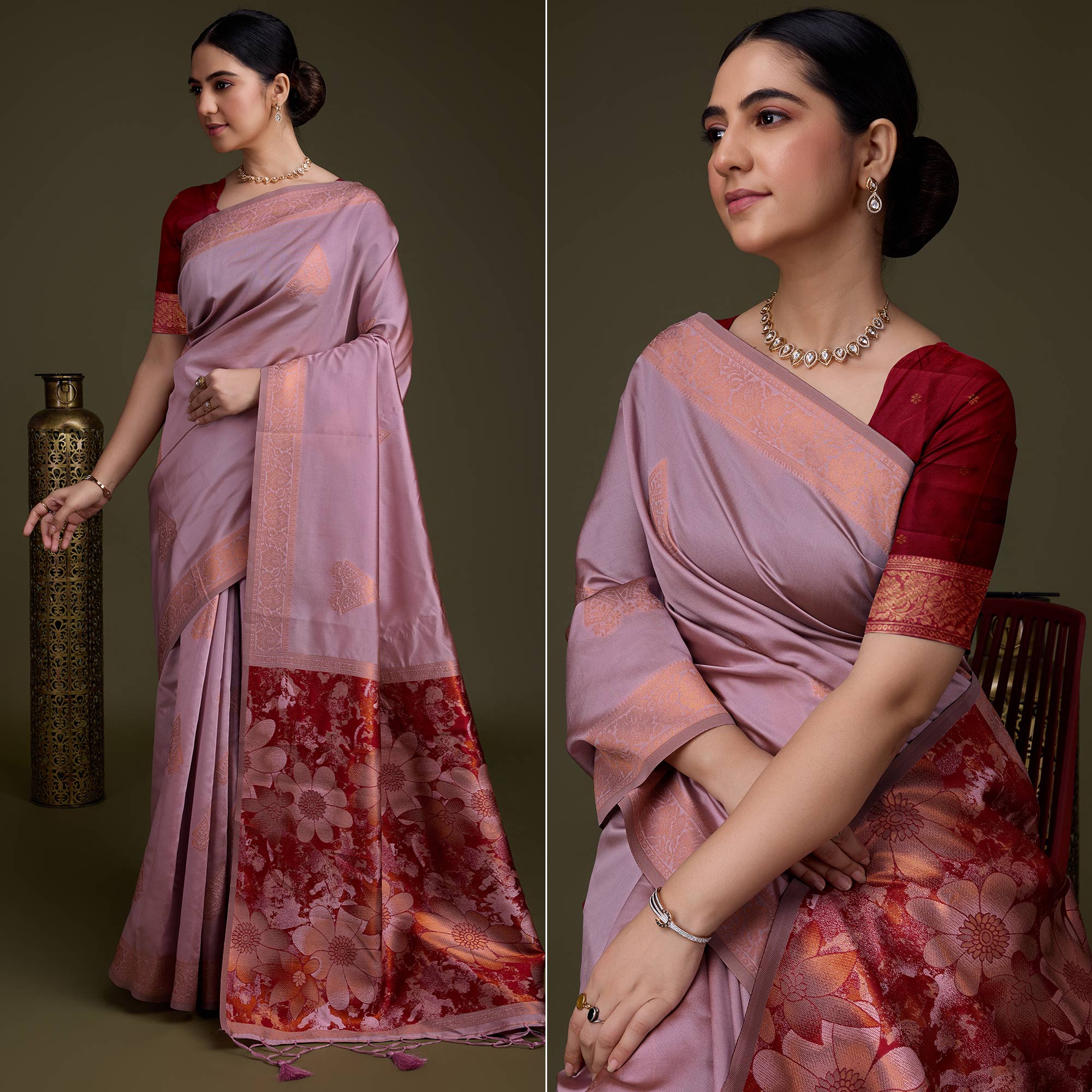 Dusty Pink Floral Woven Banarasi Silk Saree