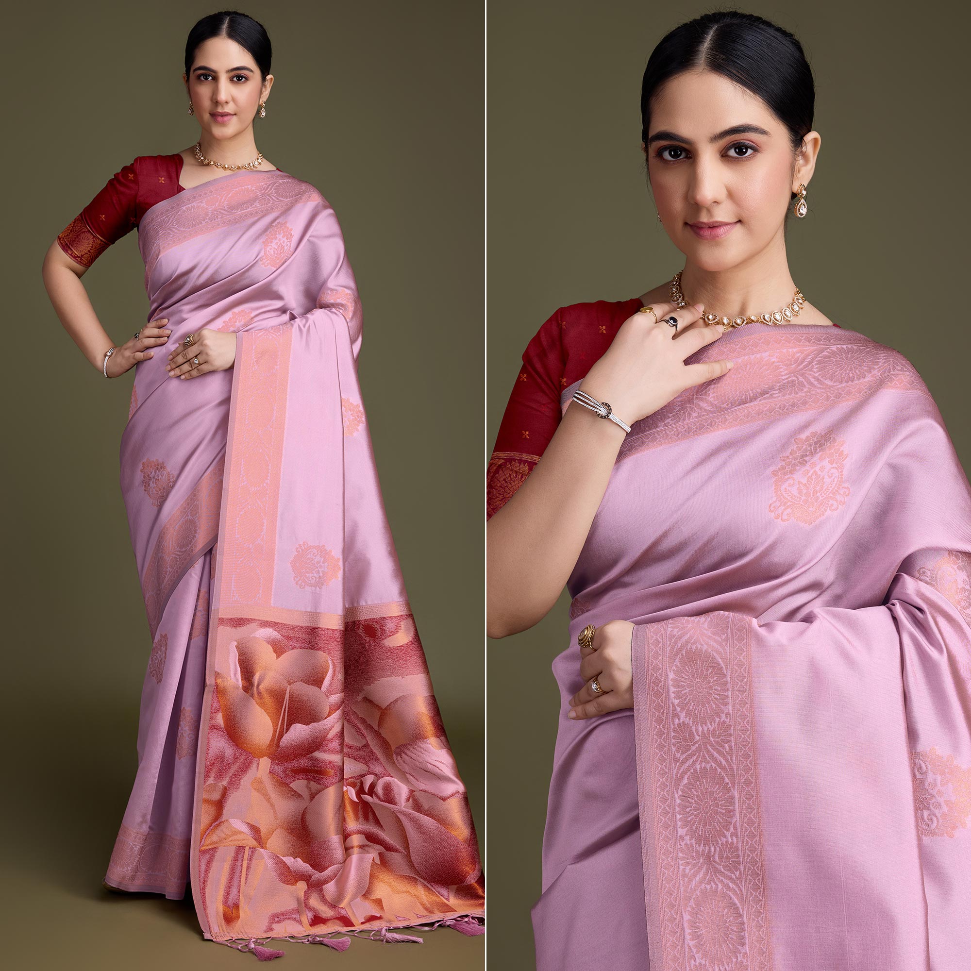 Pink Floral Woven Banarasi Silk Saree