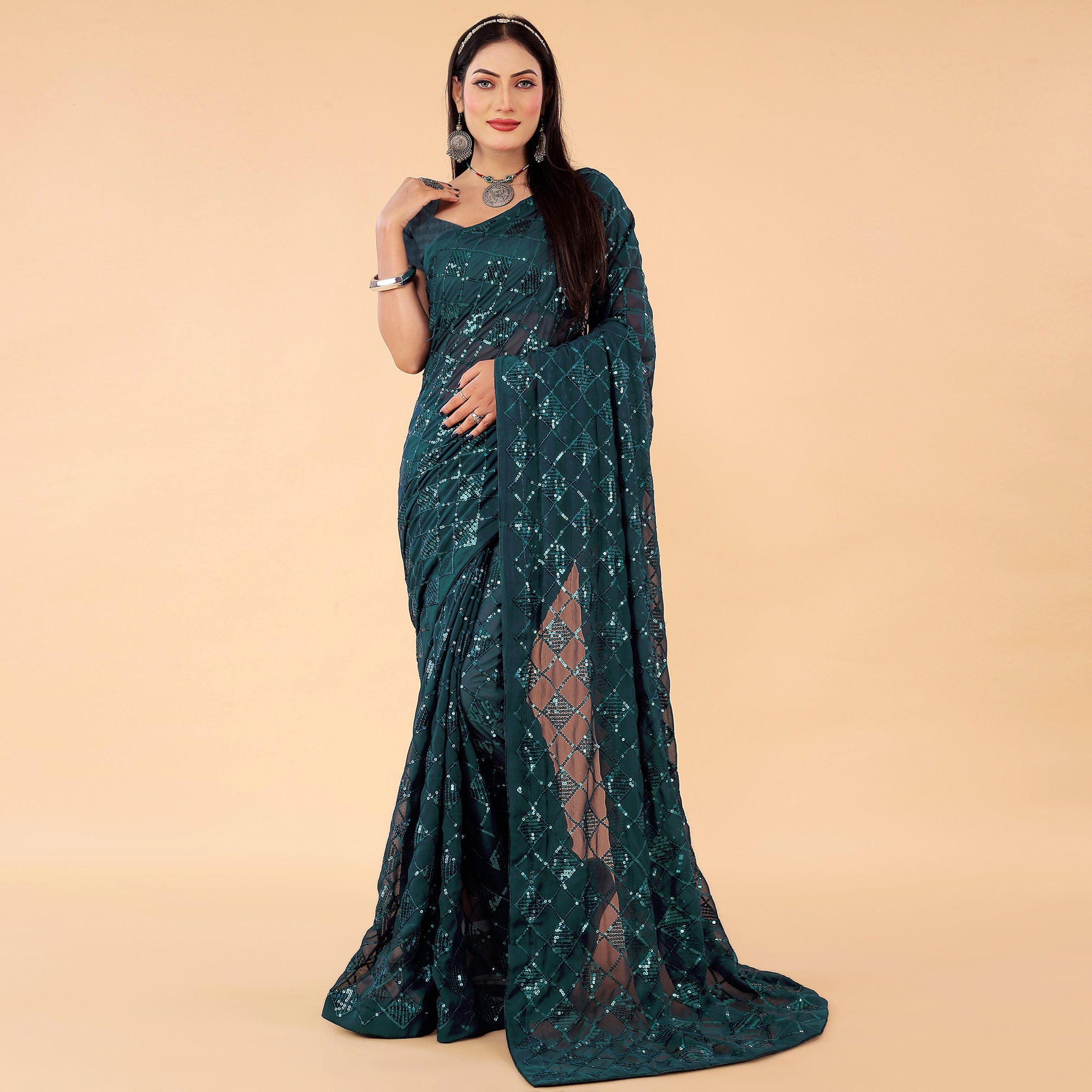 Teal Green Sequins Embroidered Georgette Saree
