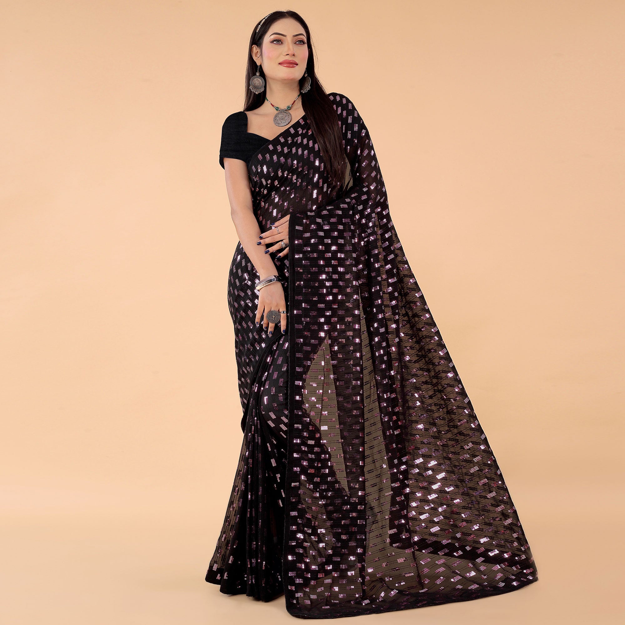 Black Sequins Embroidered Georgette Saree