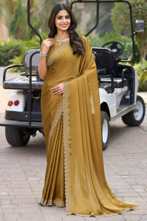 Mustard Solid Satin Chiffon Saree With Cutdana & Zarkan Handwork