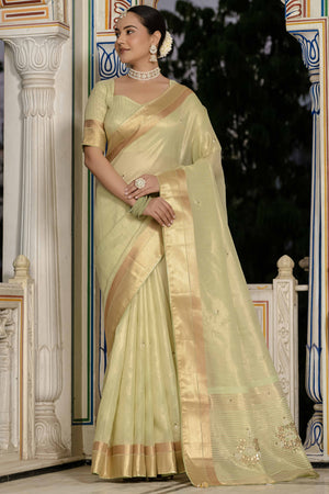 Green Tissue Linen Saree Featuring Intricate Zari and Beadwork