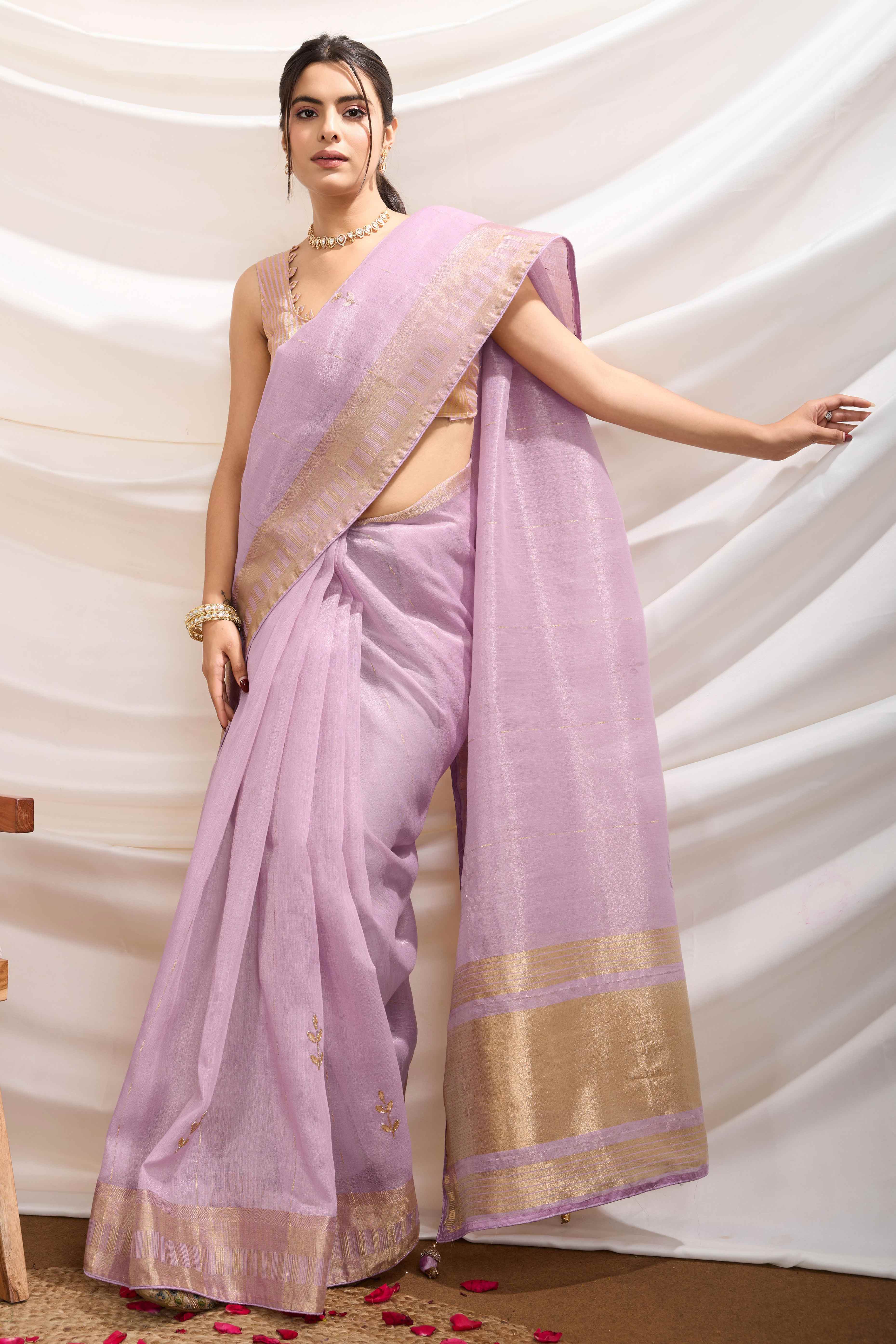 Lilac Purple Linen Tissue Saree With Hand-Stitched Moti & Cutdana Work