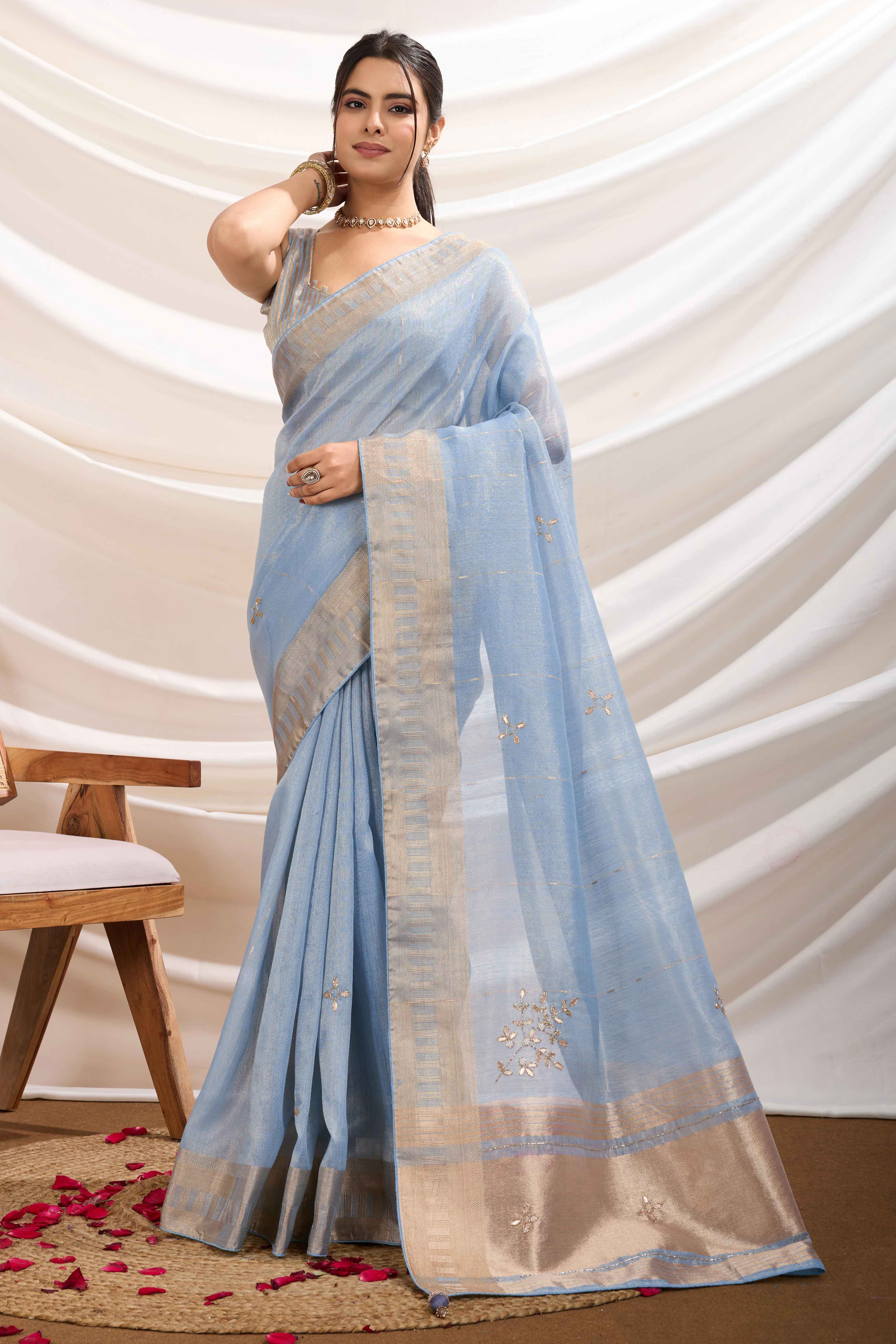 Bluyish Grey Linen Tissue Saree With Hand-Stitched Moti & Cutdana Work