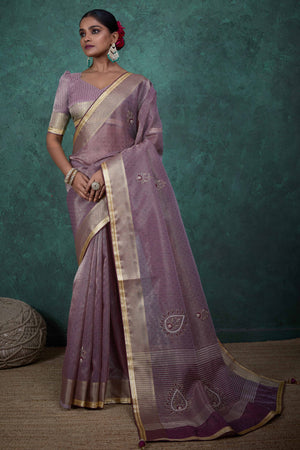 Purple Woven Linen Tissue Saree Featuring Beads Embellishment