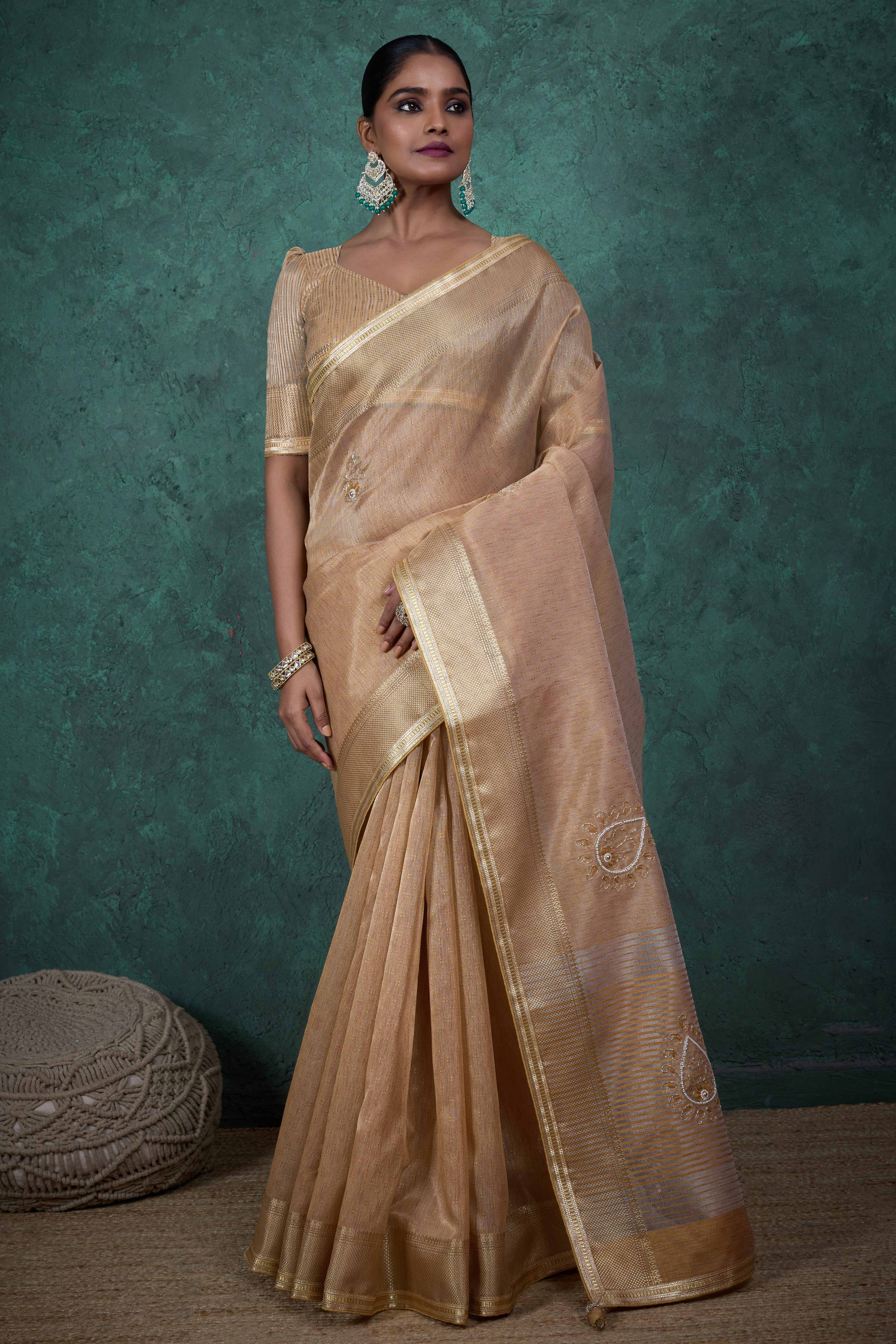 Beige Woven Linen Tissue Saree Featuring Beads Embellishment