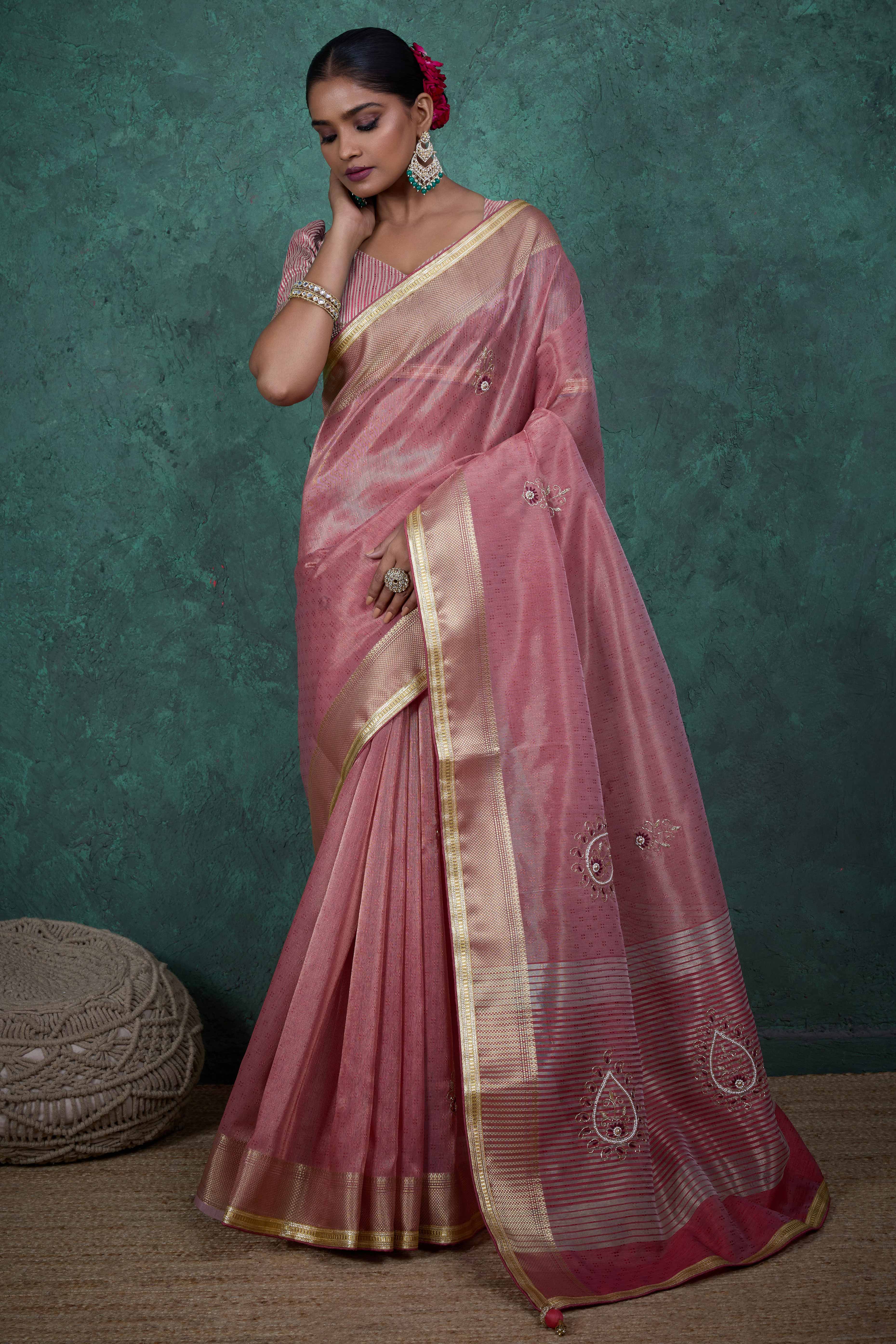 Pink Woven Linen Tissue Saree Featuring Beads Embellishment