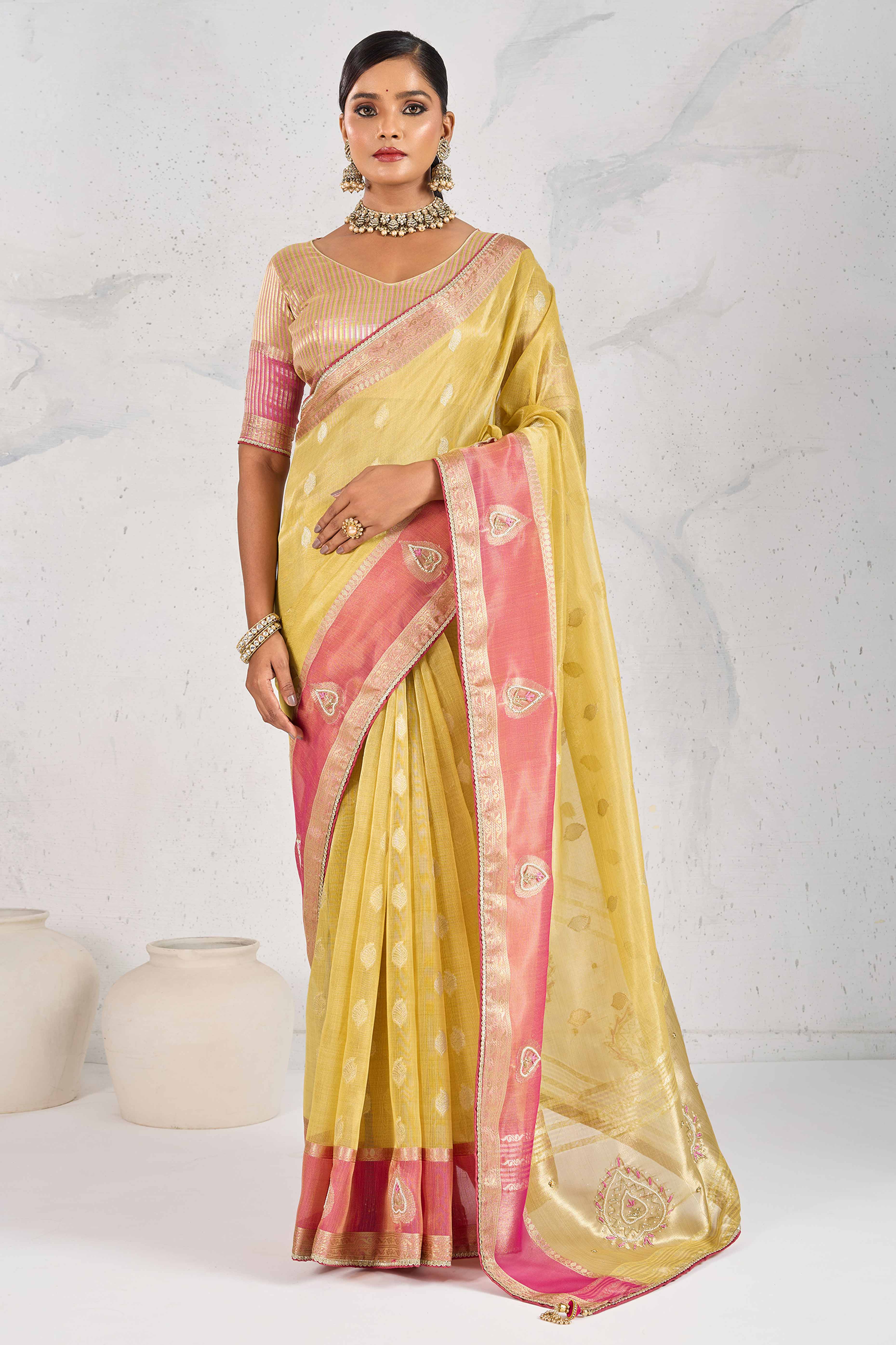 Yellow Designer Tissue Linen Woven Saree with Luxe Zari and Beads Work