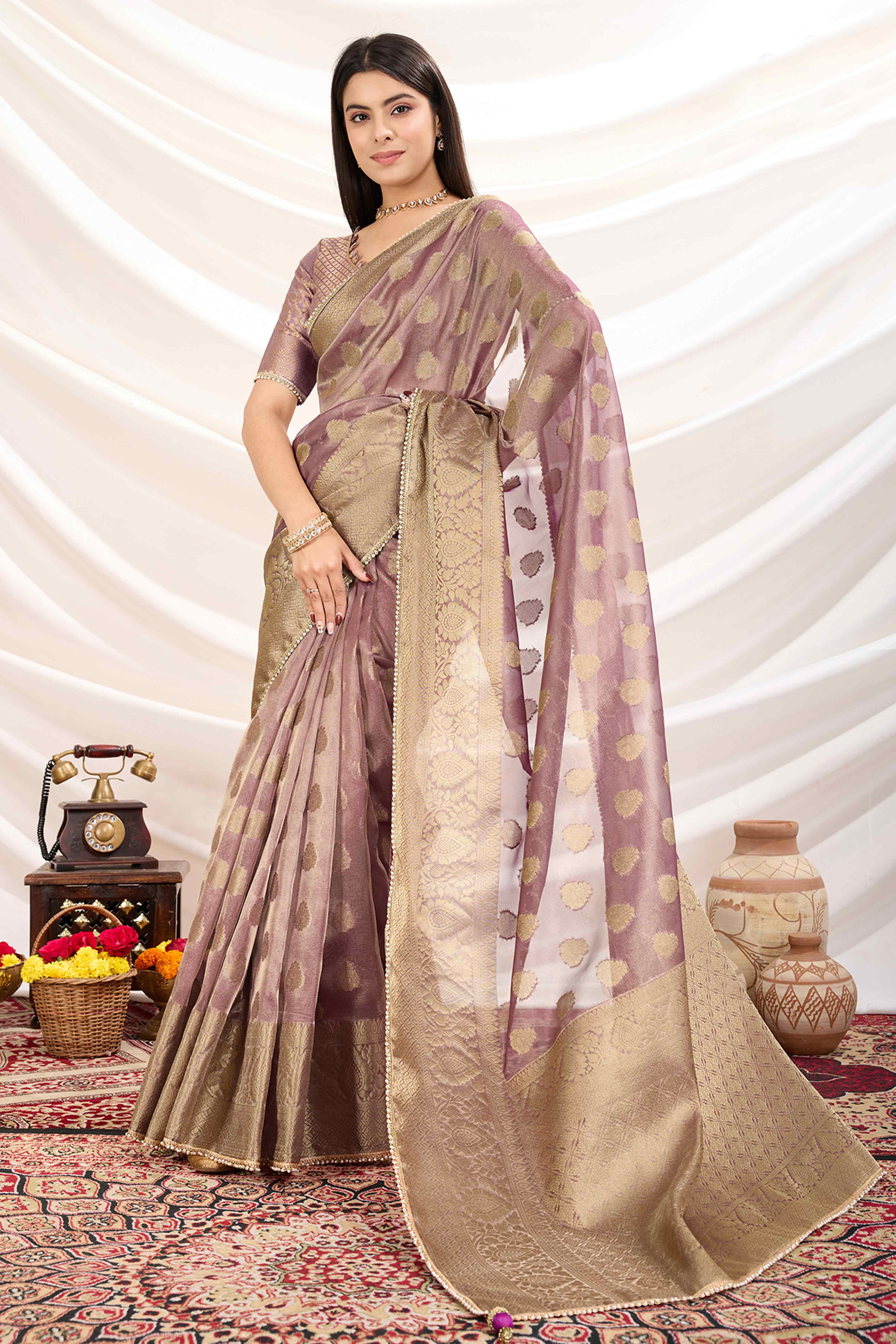Wine Floral Woven Tissue Silk Saree With Pearl Lace & Designer Tassels