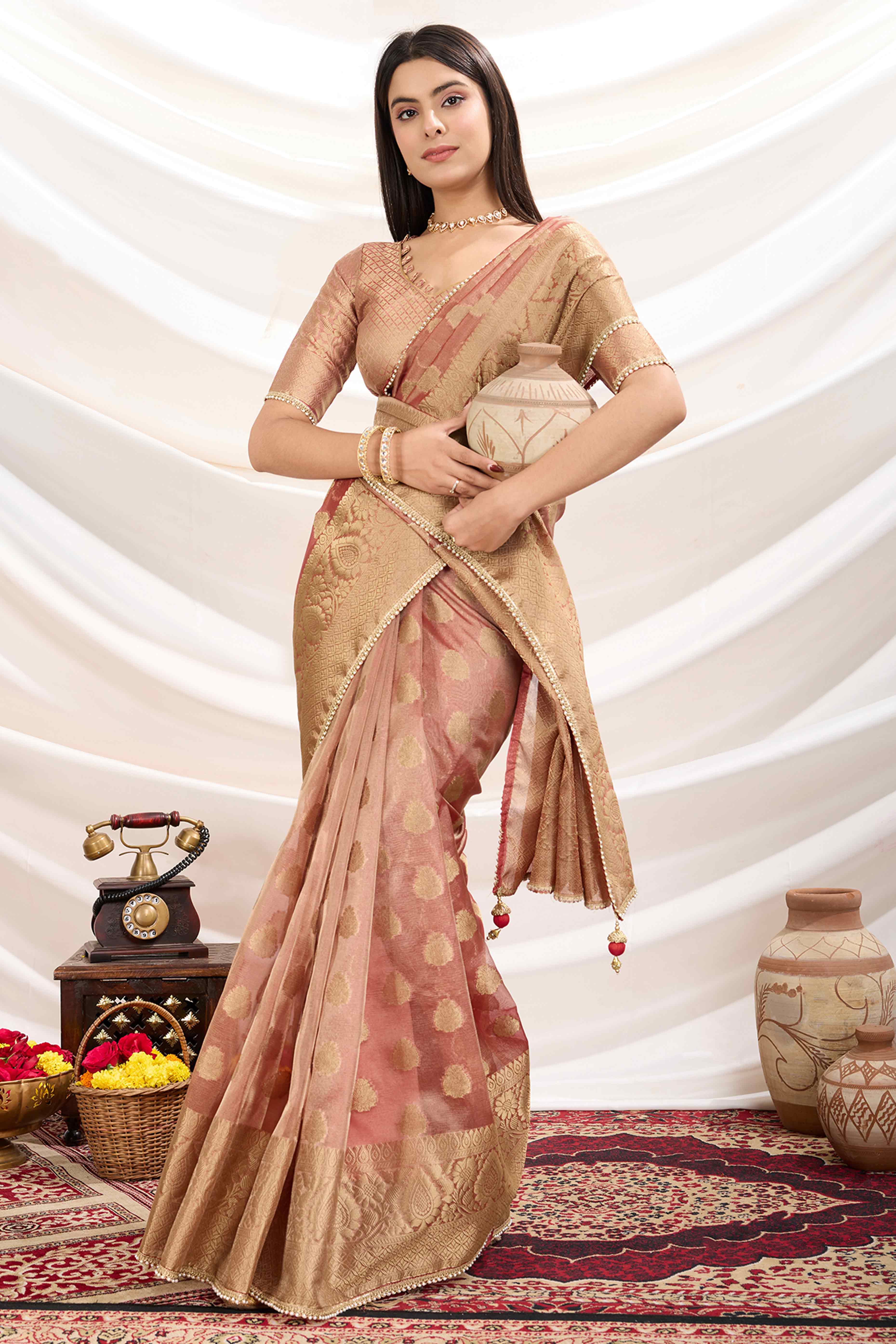 Peach Floral Woven Tissue Silk Saree With Pearl Lace & Designer Tassels