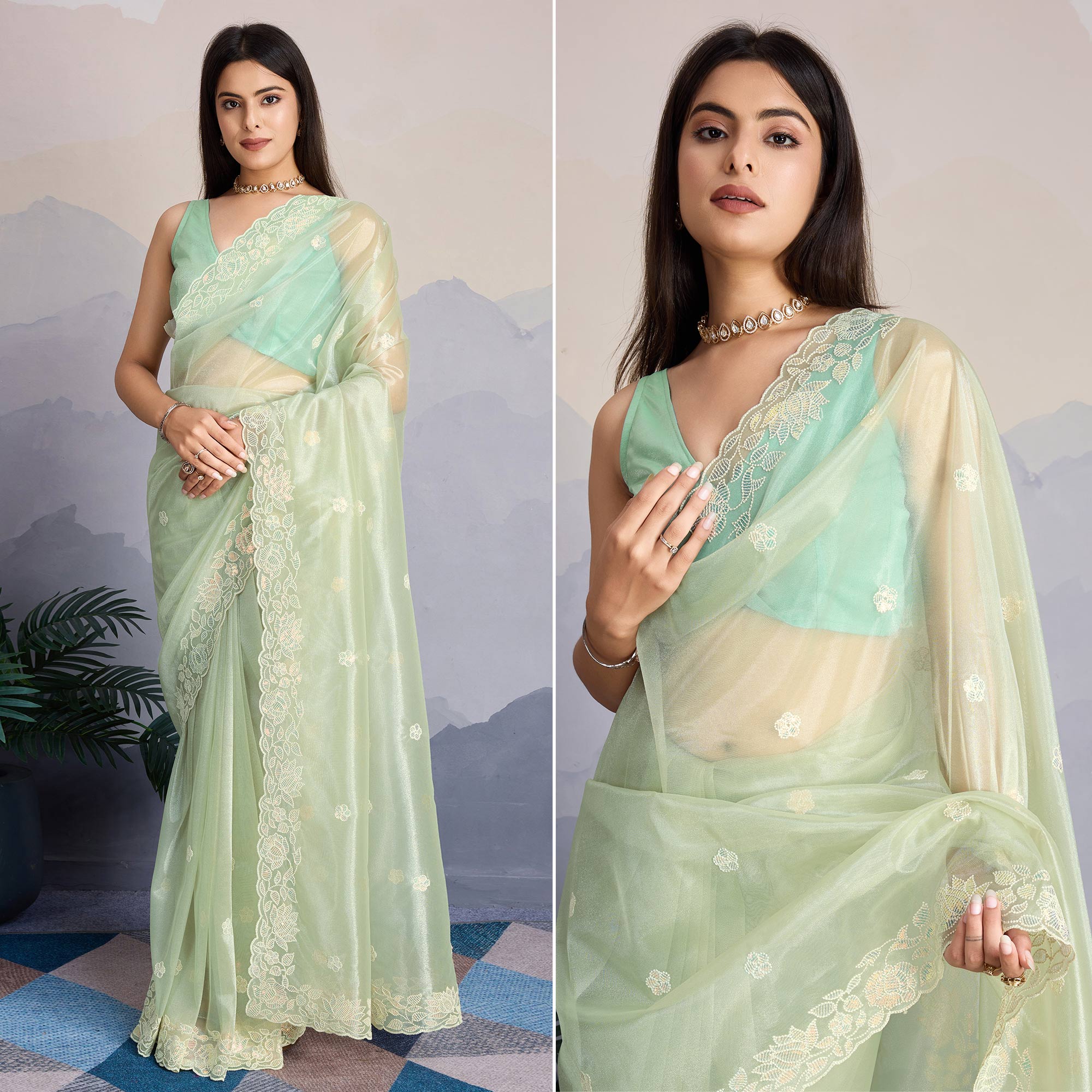 Pista Green Floral Sequins Embroidered Twill Net Saree